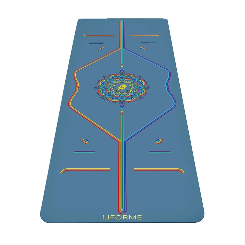 Liforme Printed Yoga Mat Collection - Free Yoga Bag Included - Patented Alignment System, Warrior-like Grip, Non-Slip, Eco-friendly, Sweat-resistant, Long, Wide and Thick for Comfort Rainbow-Blue Sky