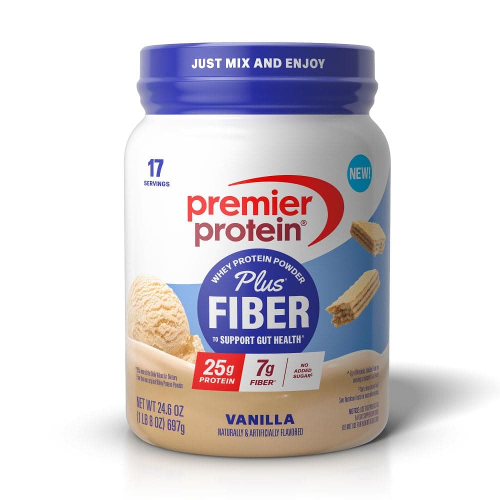 Premier Protein Powder Plus Fiber, Vanilla, 25g Protein, 7g Fiber to Support Gut Health, No Added Sugar (17 Servings)
