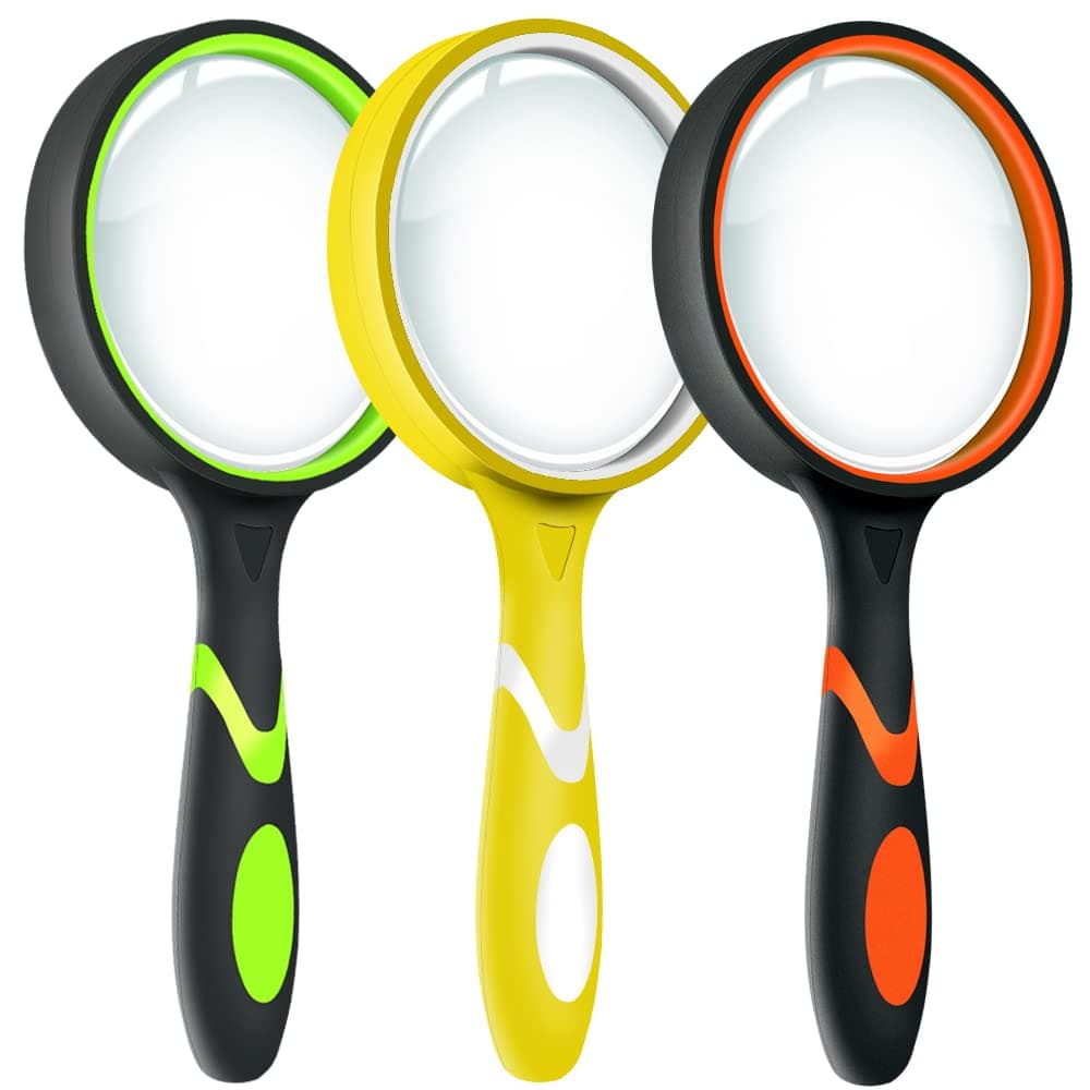 Leffis 3 Pack Magnifying Glass, 10X Non-Slip Handheld Reading Magnifier for Kids and Seniors, 75mm Magnifying Glass Lens for Reading, and Nature Exploration 3 Pack(green/Yellow/Orange)