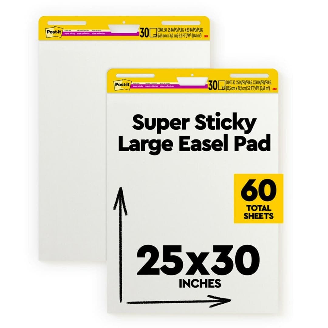 Post-it Super Sticky Easel Pad 25 in x 30 in White 30 Sheets/Pad 2 Pad/Pack Large White Premium Self Stick Flip Chart Paper Super Sticking Power (559) Standard