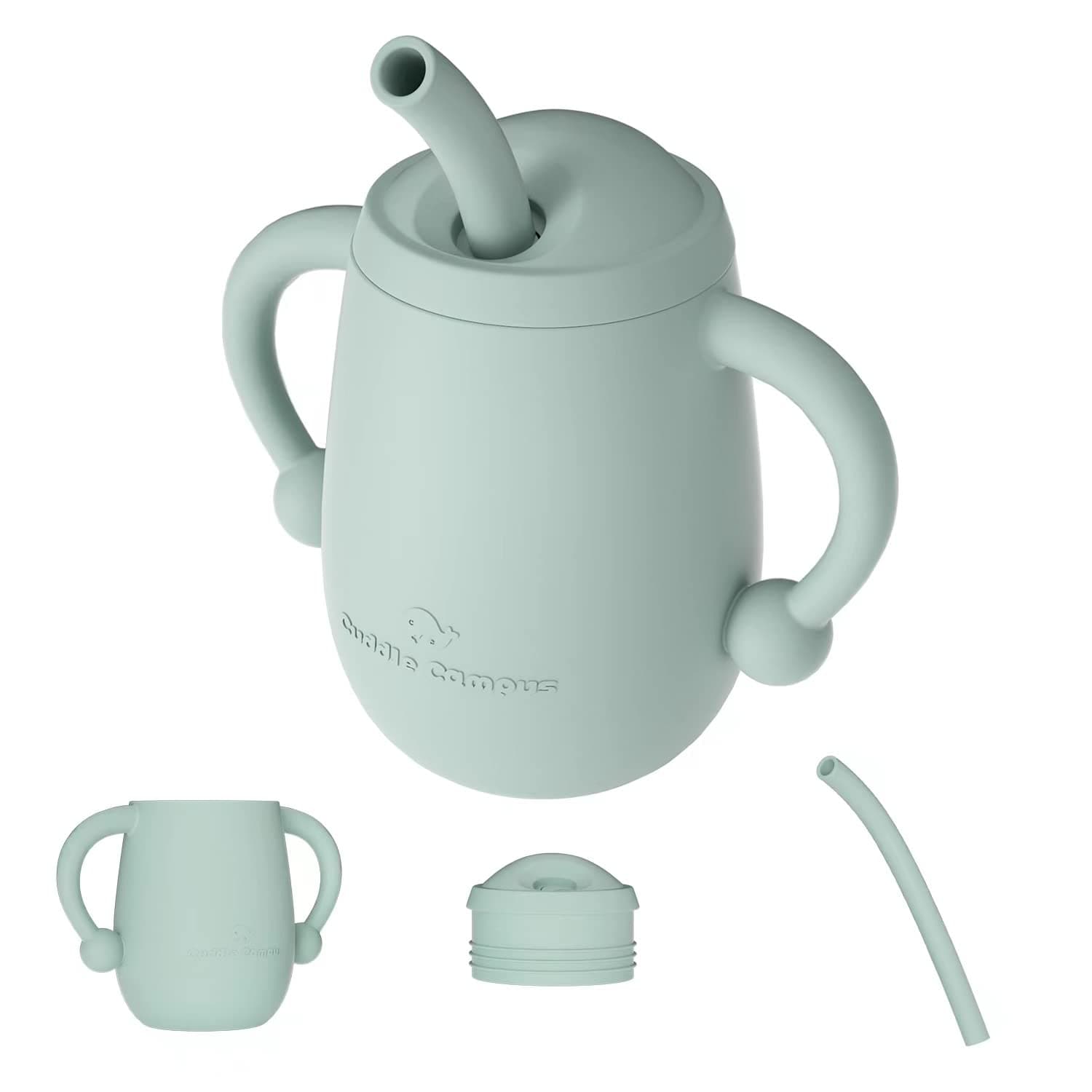 Cuddle Campus 100% Silicone Baby Training Cup, Shatterproof Toddler Sippy Cups with Straw, Open Cup for Baby, 6+ Months 4 Oz Sage 4 Ounces