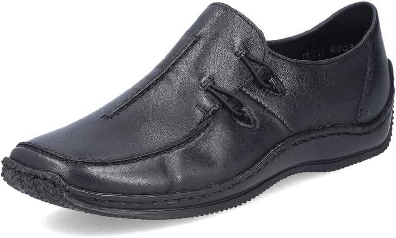 Rieker L1751 Celia Leather Slip-On Women’s Shoes - Comfortable High-Coverage Loafers with Elegant Stitch Detailing, Anti-Stress and Flexible Everyday Support 10-10.5 Black