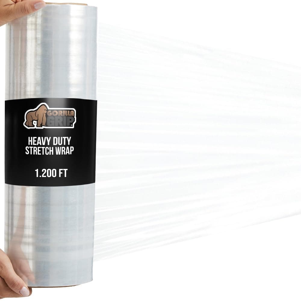 GORILLA GRIP 500% Stretch Film Heavy Duty Plastic, 1200ft Shrink Wrap Roll 17" Puncture Resistant, Industrial Strength for Shipping, Pallet Storing, Moving, Packing Furniture Protection 1 Pack Clear 1 17" - 1200 FT Roll