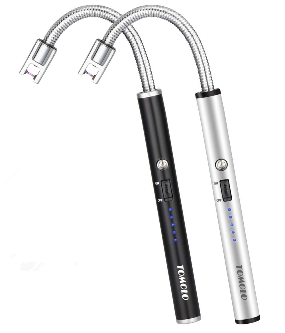 2 Pack Electric Candle Lighter USB Rechargeable Flameless Windproof Arc Lighter with Flexible Neck, Safety Switch for Candle, Grill, BBQ, Camping & Kitchen (Black&Silver)