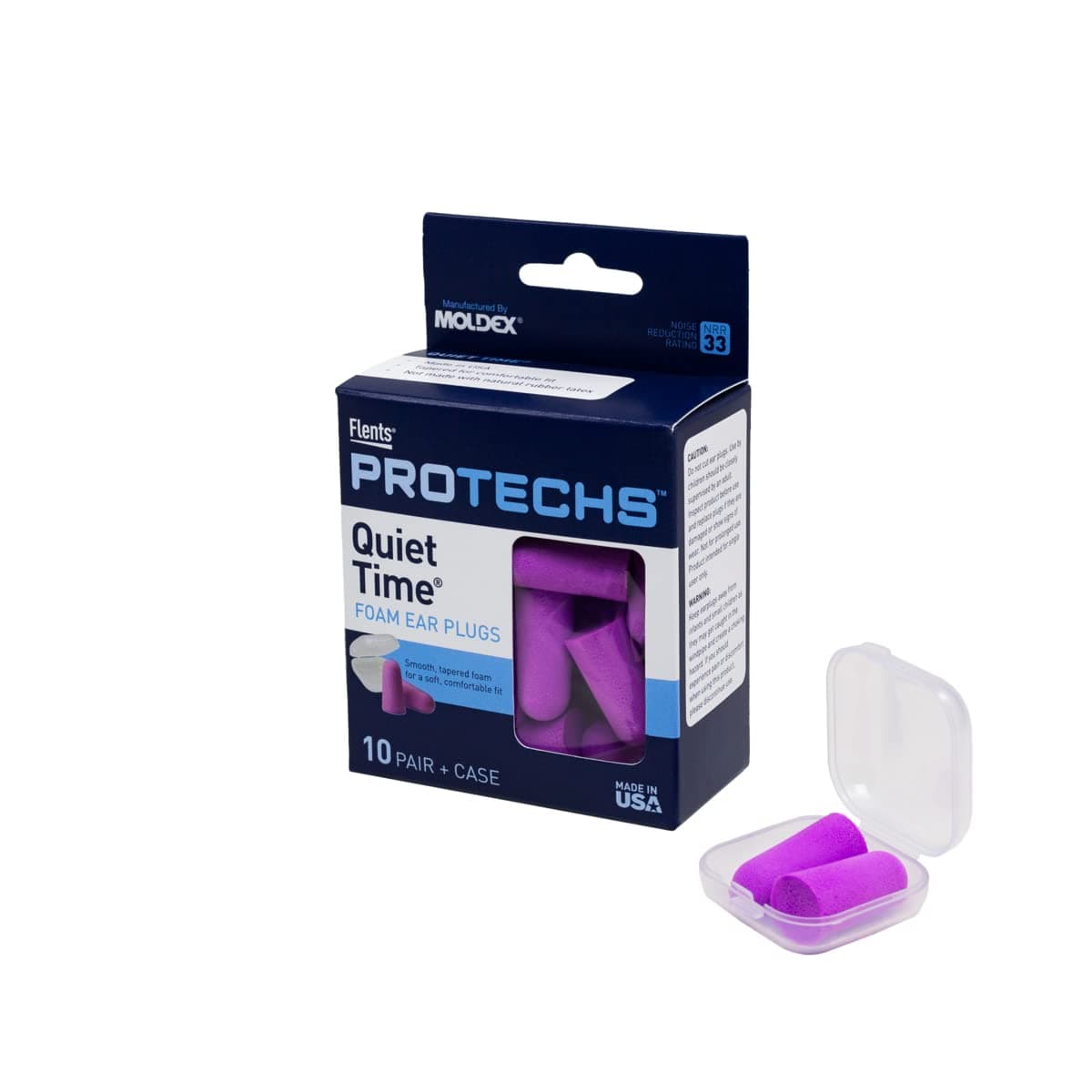 Flents Protechs Foam Ear Plugs, 10 Pair with Case for Sleeping, Snoring, Loud Noise, Traveling, Concerts, Construction, Studying, Work, Shooting, NRR 33, Purple, Disposable, Made in the USA Purple 10 Pair + Case Ear Plugs