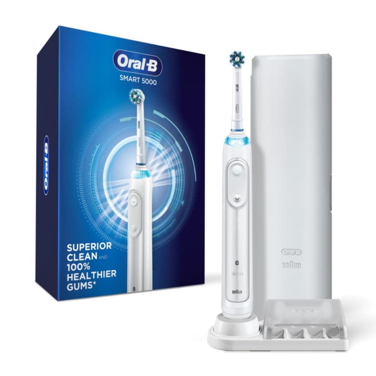Oral-B Smart 5000 Rechargeable Electric Powered Toothbrush, Black with Travel Case and Bluetooth - Visible Pressure Sensor to Protect Gums - 5 Cleaning Modes - 2 Minute Timer White 1 Count (Pack of 1)