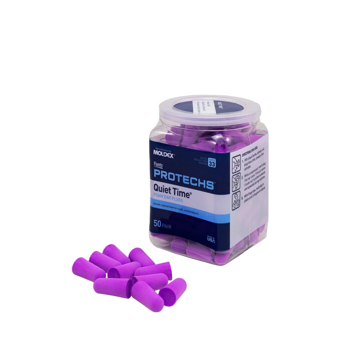 Flents Protechs Foam Ear Plugs, 50 Pair for Sleeping, Snoring, Loud Noise, Traveling, Concerts, Construction, Studying, Work, Shooting, NRR 33, Noise Cancelling, Disposable, Purple, Made in the USA Purple 50 Pair Ear Plugs