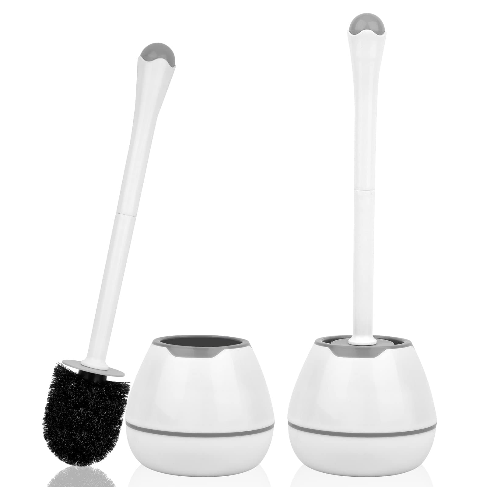 Toilet Bowl Brush and Holder, 2 Pack with Long Handle, Plastic Holder Easy to Hide, Drip-Proof, Deep Cleaning White