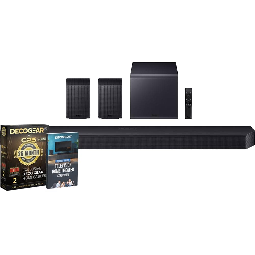 Samsung Q Series Soundbar HW-Q990F 11.1.4 ch Subwoofer + Rear Speaker (2025) Q-Symphony Bundle with CPS Exclusive 26 Month Protection Pack & Deco Gear Complete Home Theater Beginner's Guidebook HW-Q990F w/ Exclusive Bundle
