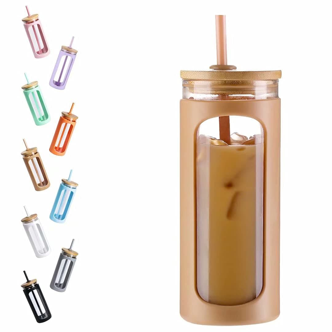 Kodrine 20oz Glass Water Tumbler with Straw and Lid, Bamboo Lids Water Bottle, Iced Coffee Cup Reusable, Wide Mouth Smoothie Cups with Protective Silicone Sleeve BPA FREE-Amber 20oz-Amber 20 Ounces