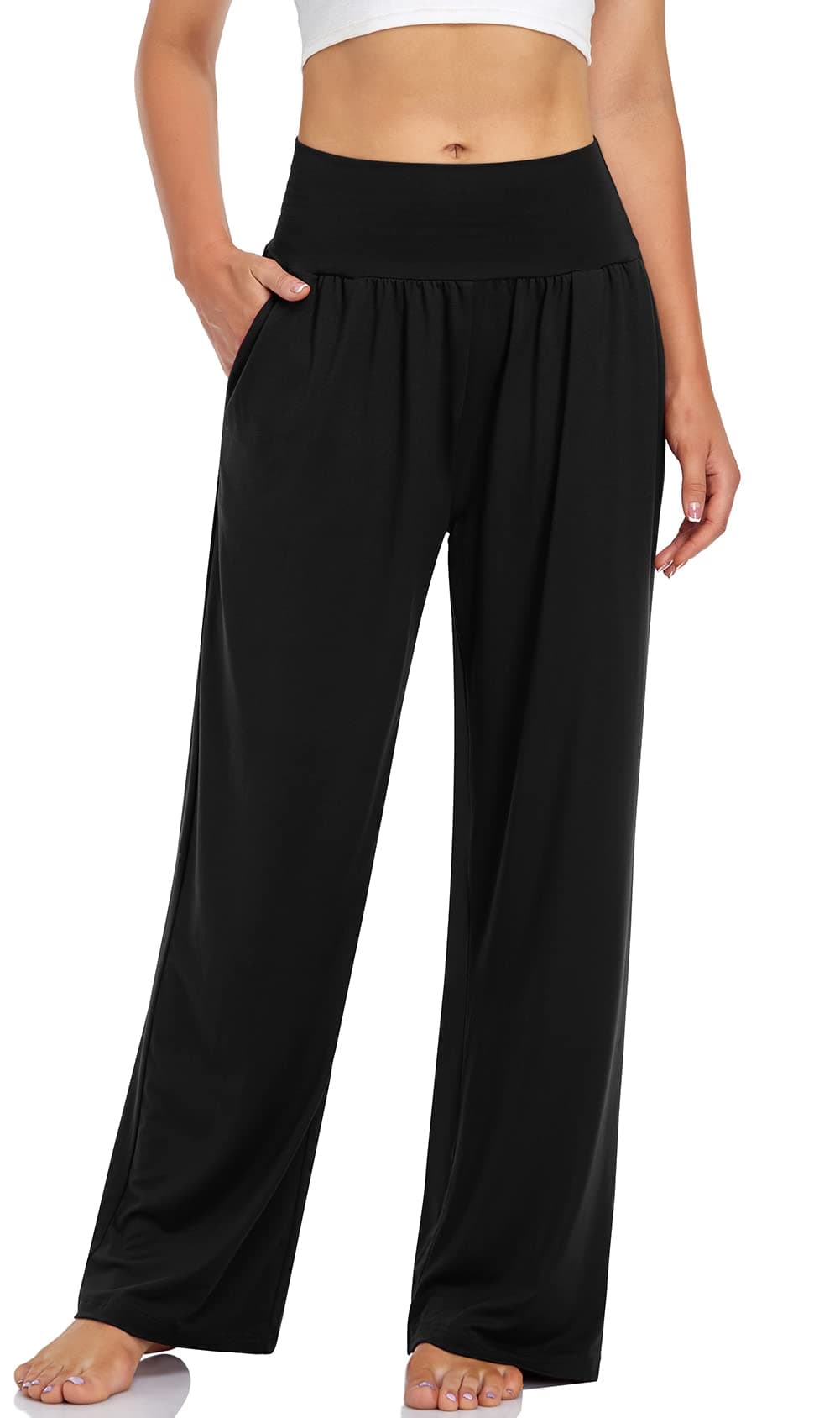 UEU Women's Casual Loose Wide Leg Cozy Pants Yoga Sweatpants Comfy High Waisted Sports Athletic Lounge Pants with Pockets Large Black