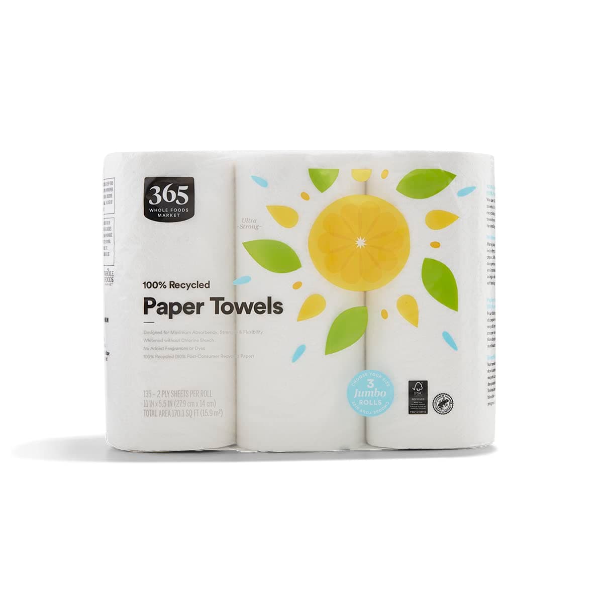 365 by Whole Foods Market, 100% Recycled Jumbo Paper Towels, Ultra-Strong, 135 Sheets per Roll, 3 Count 3 Count (Pack of 1)