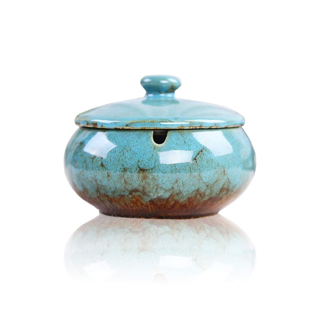 Lependor Ceramic Ashtray with Lids, Windproof, Cigarette Ashtray for Indoor or Outdoor Use,Ash Holder for Smokers,Desktop Smoking Ash Tray for Home Office Decoration - Blue