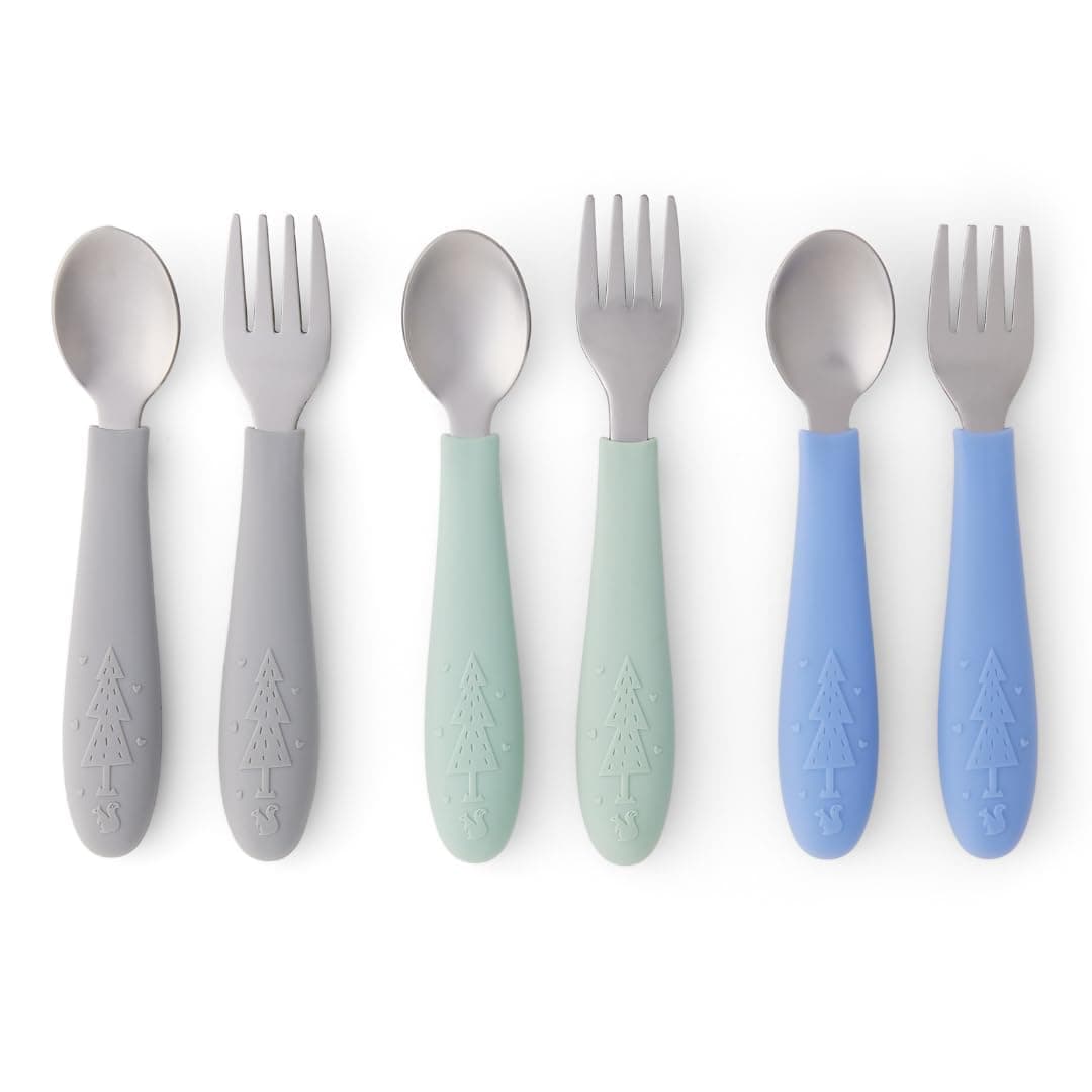 Elk and Friends Kids Silverware with Silicone Handle | Childrens Safe Flatware | Toddler Utensils | Baby Spoons + Forks | Stainless Steel Cutlery Sage/MistyBlue/Gray