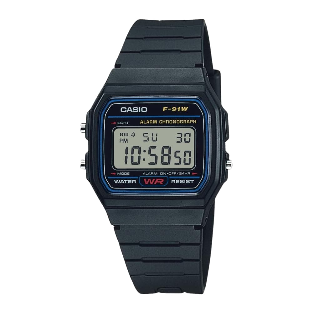 Casio F91W Series | Digital Watch | Water Resistant | LED Light | 1/100 SEC Stopwatch | Regular Time Keeping (HR, Min, SEC, PM, Date, Day) | Daily Alarm | Lightweight | 7 Year Battery Black F-91W-1