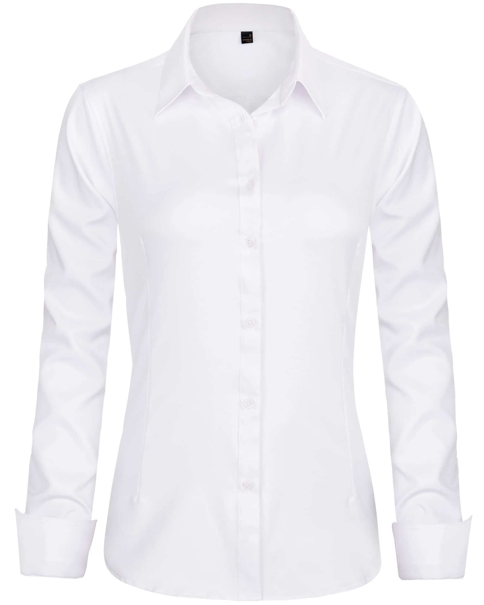 J.VER Womens Dress Shirts Long Sleeve Button Down Shirt Wrinkle-Free Business Casual Blouse Office Work Tops Medium White