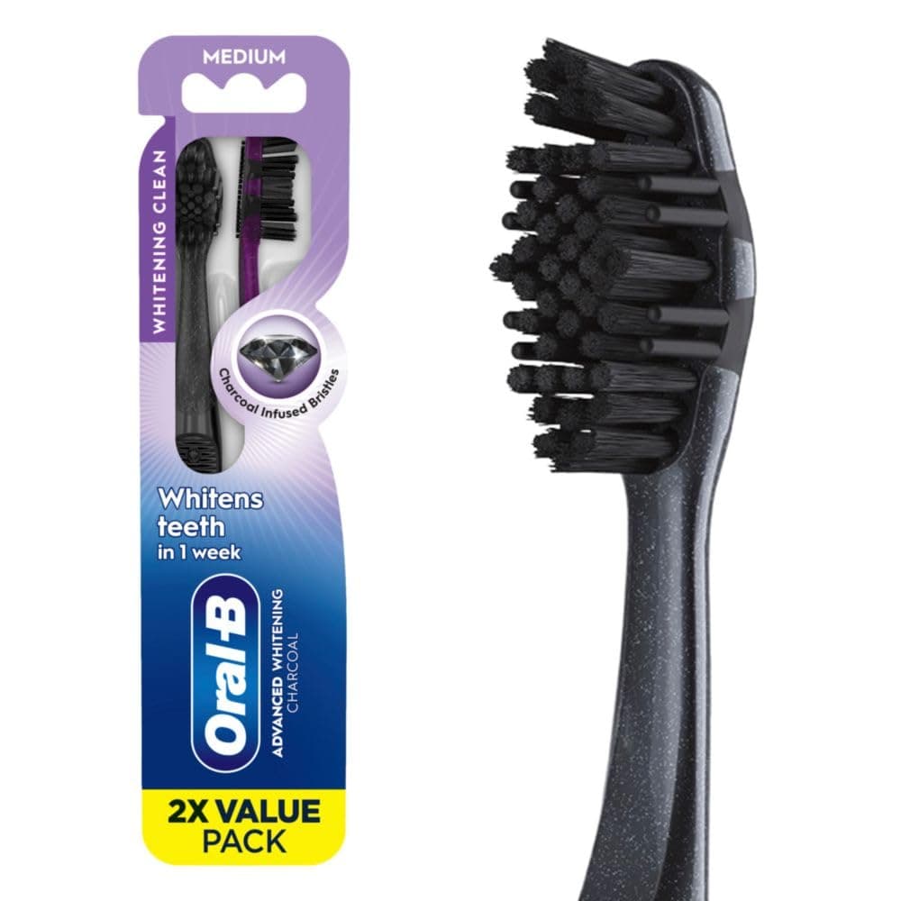 Oral-B 3D White Charcoal toothbrush, 2 count MEDIUM manual tootbrush pack, Whitens teeth, removes plaque and stains, tongue scraper tooth brush 2 Count (Pack of 1)