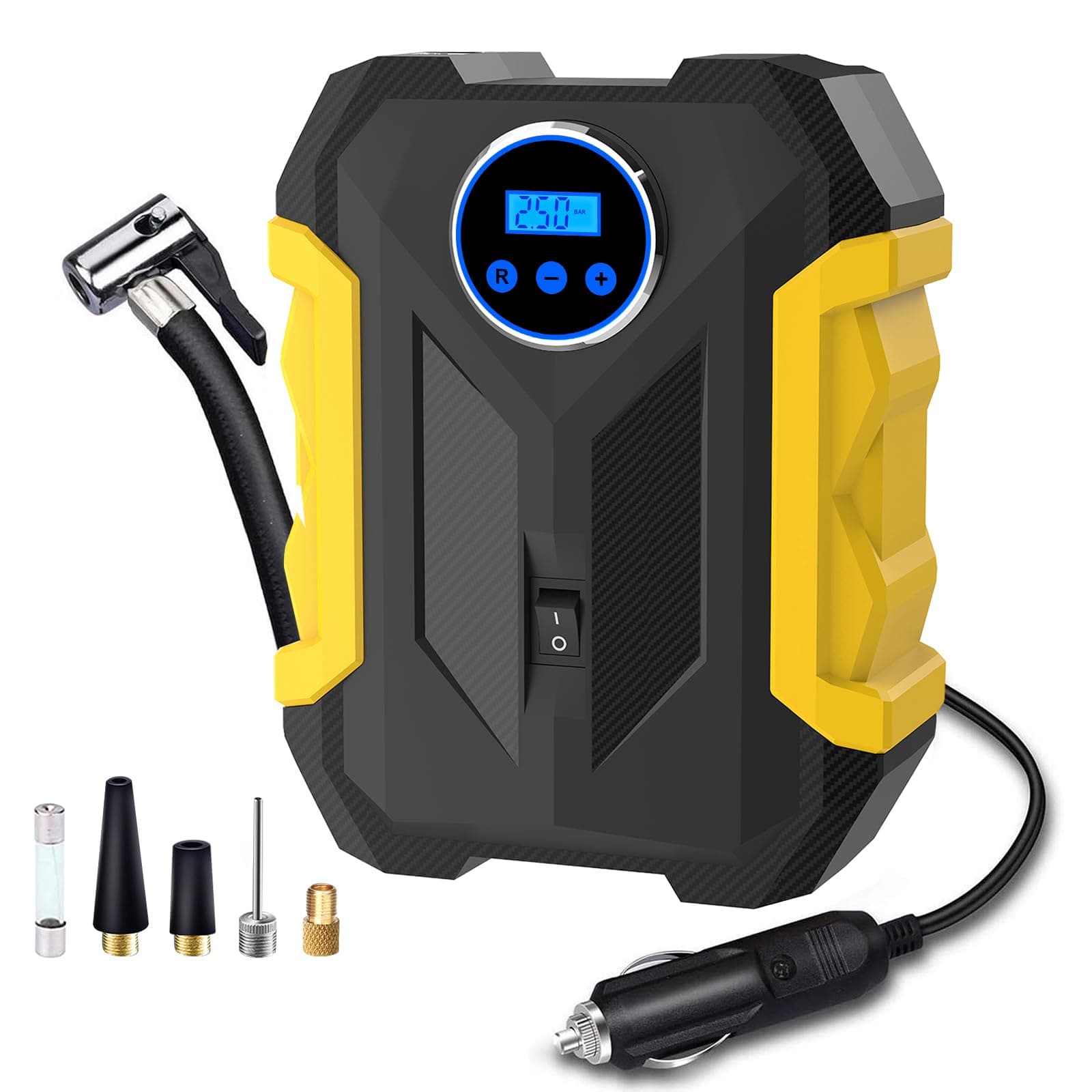 Digital Air Compressor for Car Auto Pump Portable Tire Inflator with LED Light DC 12V Yellow