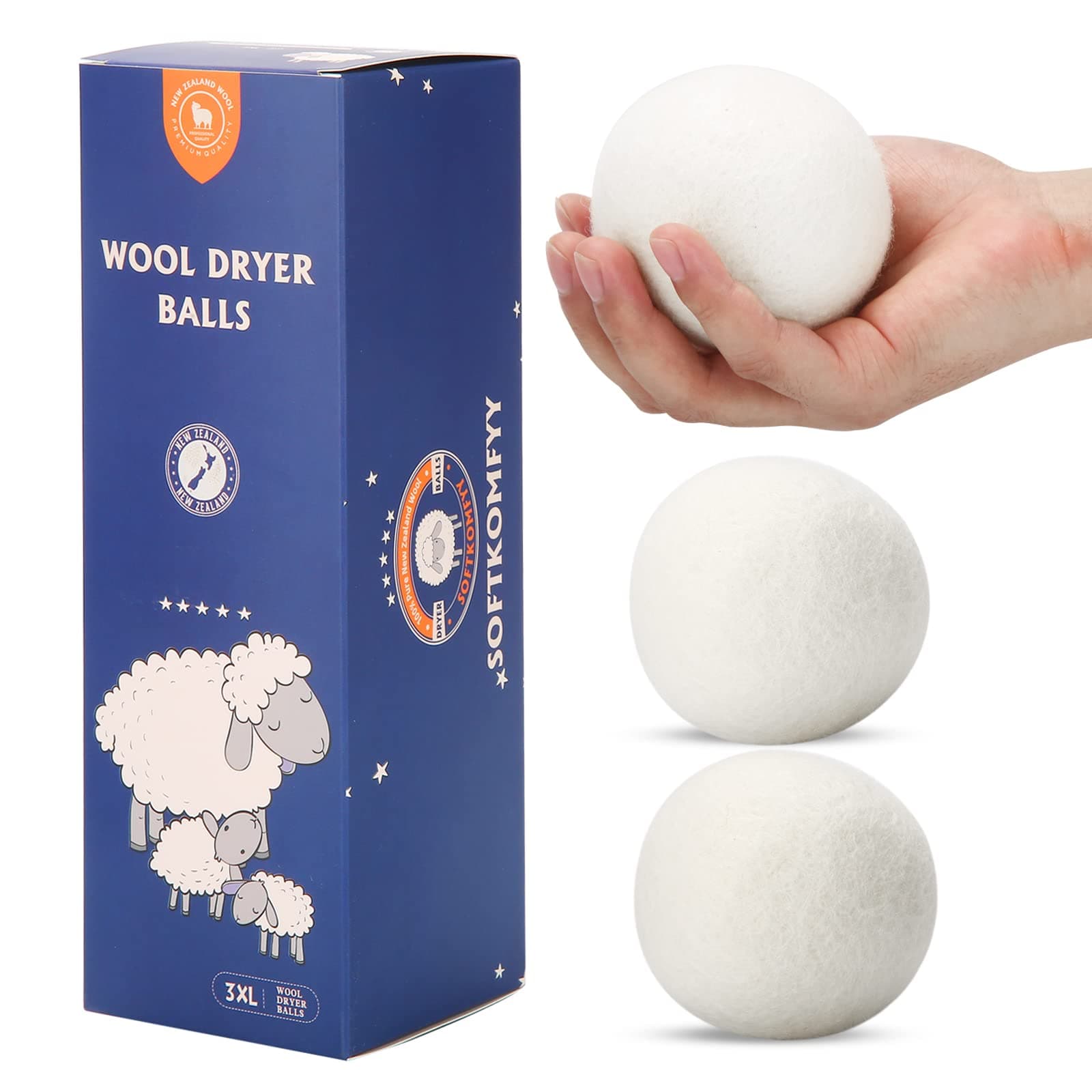 Wool Dryer Balls Handmade 3 Pack XL,Organic Laundry Dryer Balls,100% New Zealand Wool Natural Fabric Softener,Reusable 1000 Loads,Wrinkles Free, Shorten Drying Time,Baby Safe (3 Pack,White) 3 PACK XL Natural White
