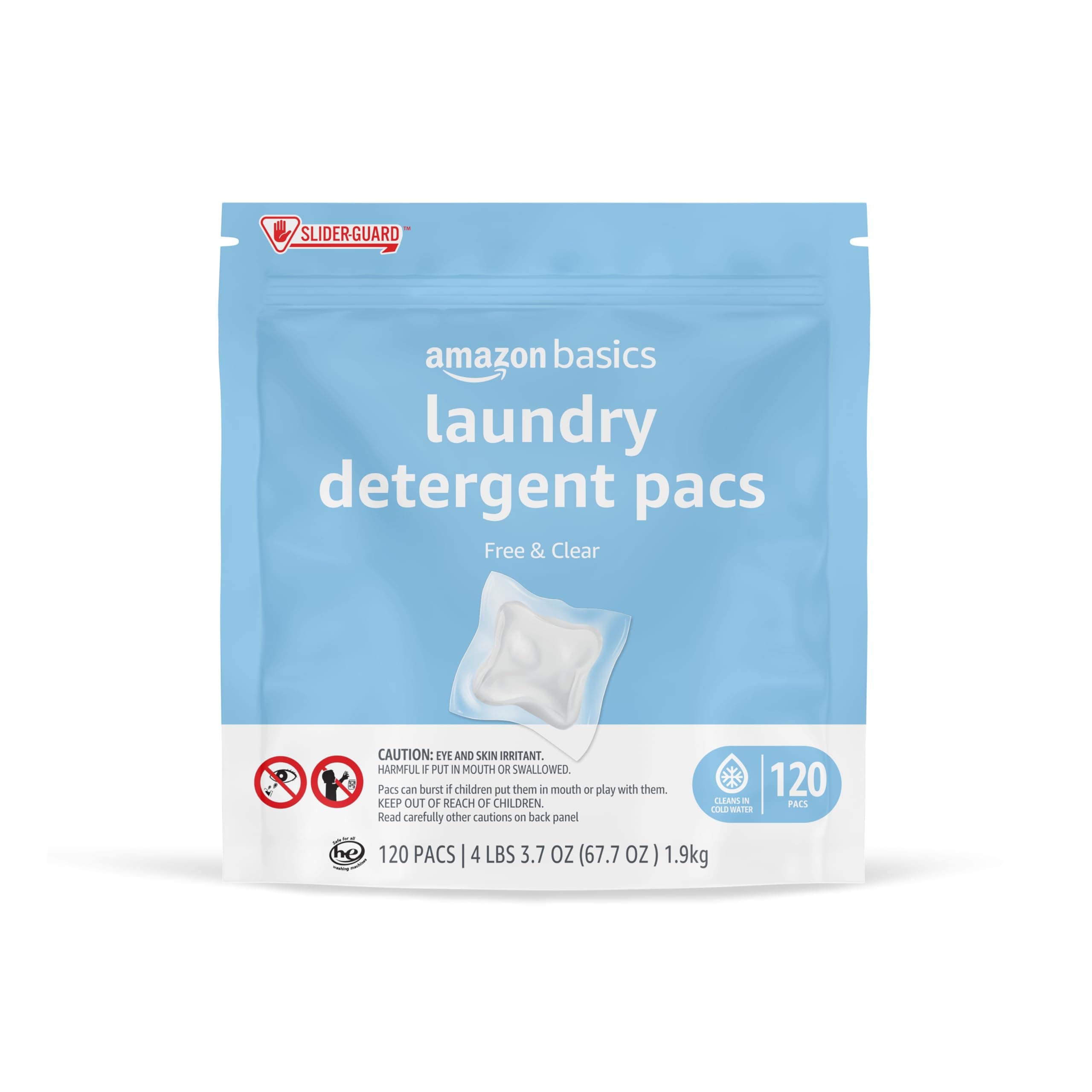 Amazon Basics Laundry Detergent Pacs, Hypoallergenic, Free & Clear, 120 Count (New Packaging)