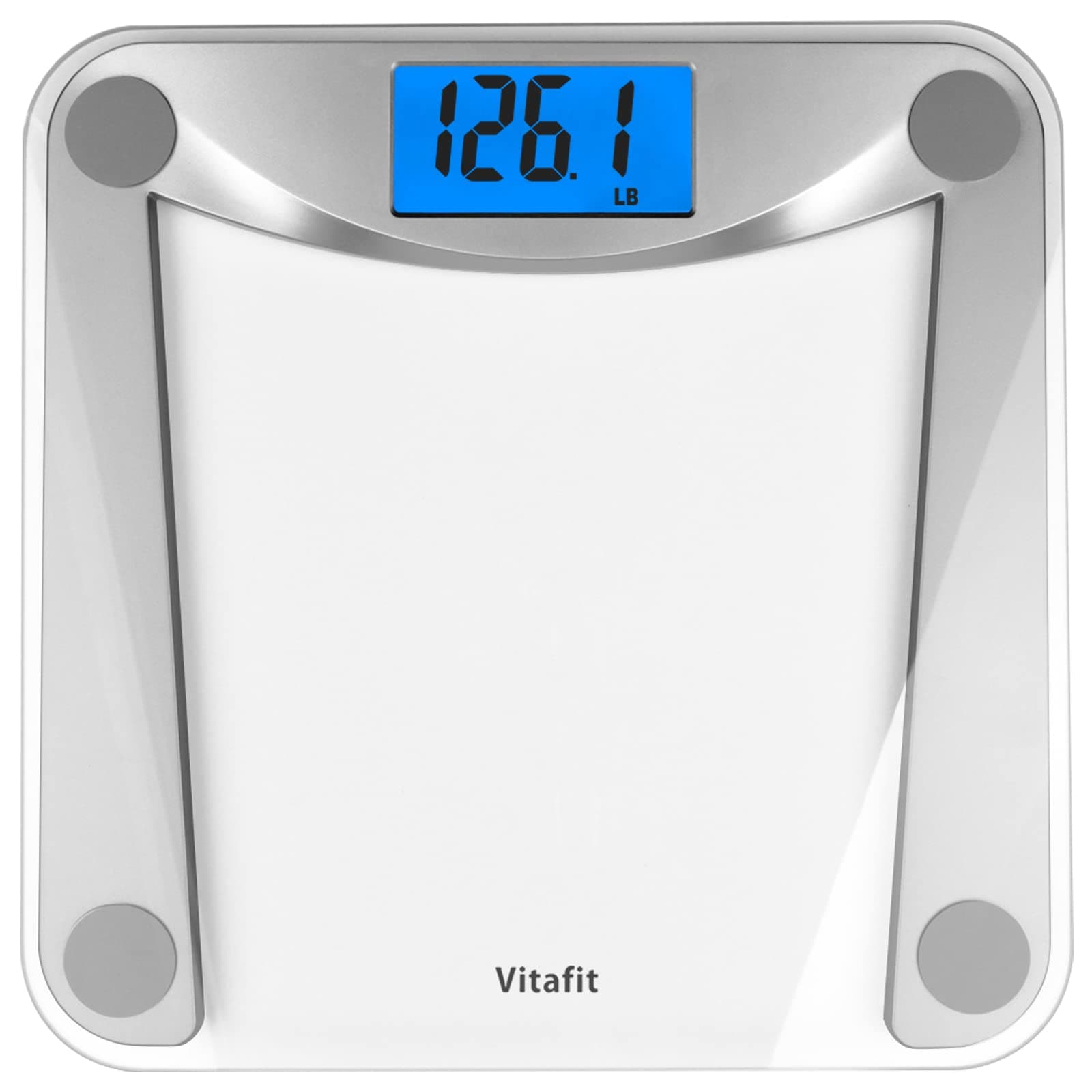 Vitafit Digital Bathroom Weight Scale for Body Weight, High Accuracy Assured by Weighing Professional Since 2001,Extra Large Blue Backlit LCD and Step-On, 400lb/182kg, Clear Glass Digital Silver