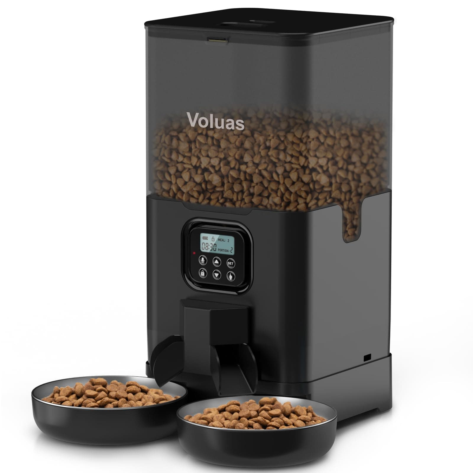 Voluas Automatic Cat Feeder for Two Cats, Double Pet Feeder with 2 Stainless Steel Bowls,6L Timed Cat Feeders with Memory Function 6L Black Transparent