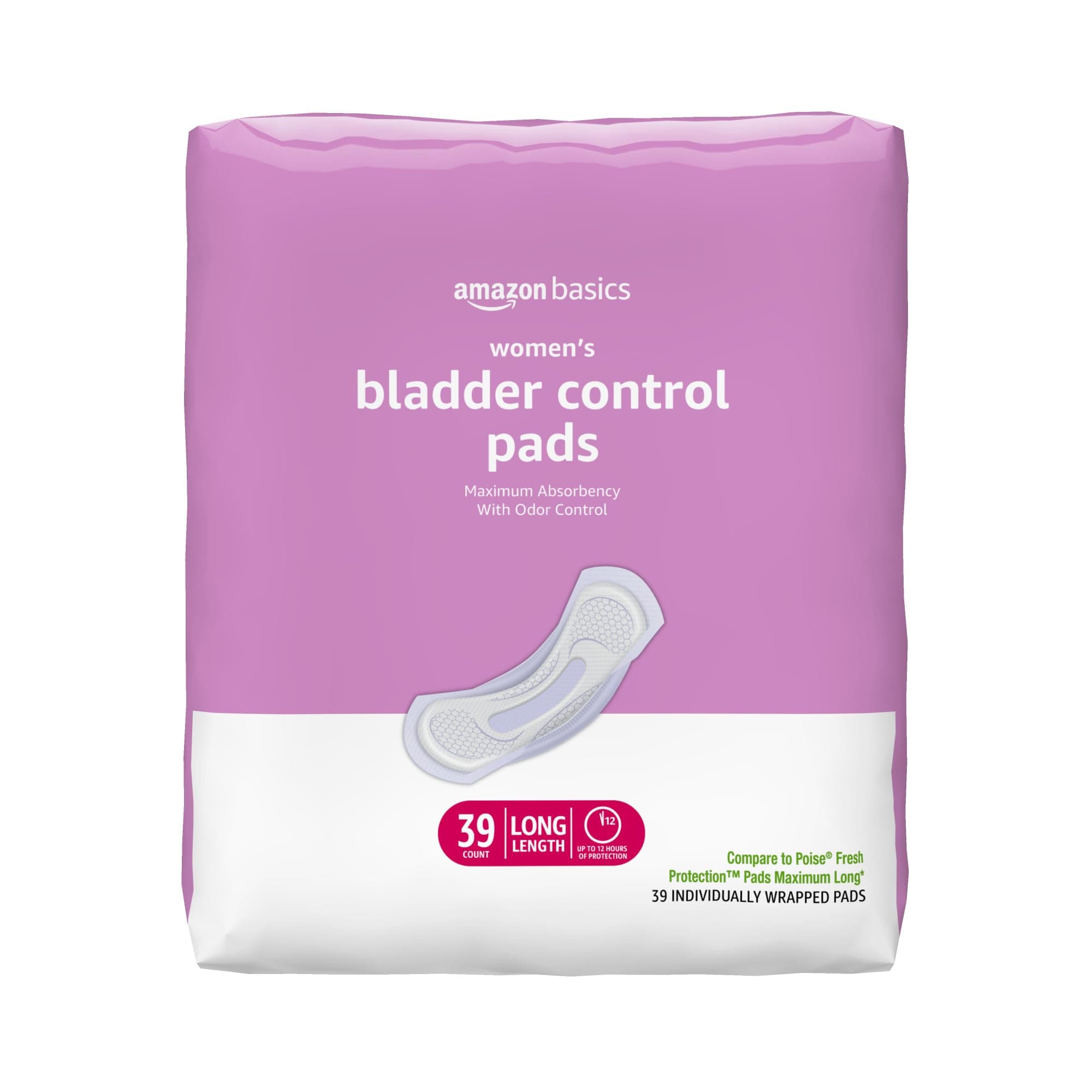 Amazon Basics Incontinence Pads for Women Long, Bladder Control, Postpartum, Maximum Absorbency, Unscented, 39 Count Maximum (39 Count) 39