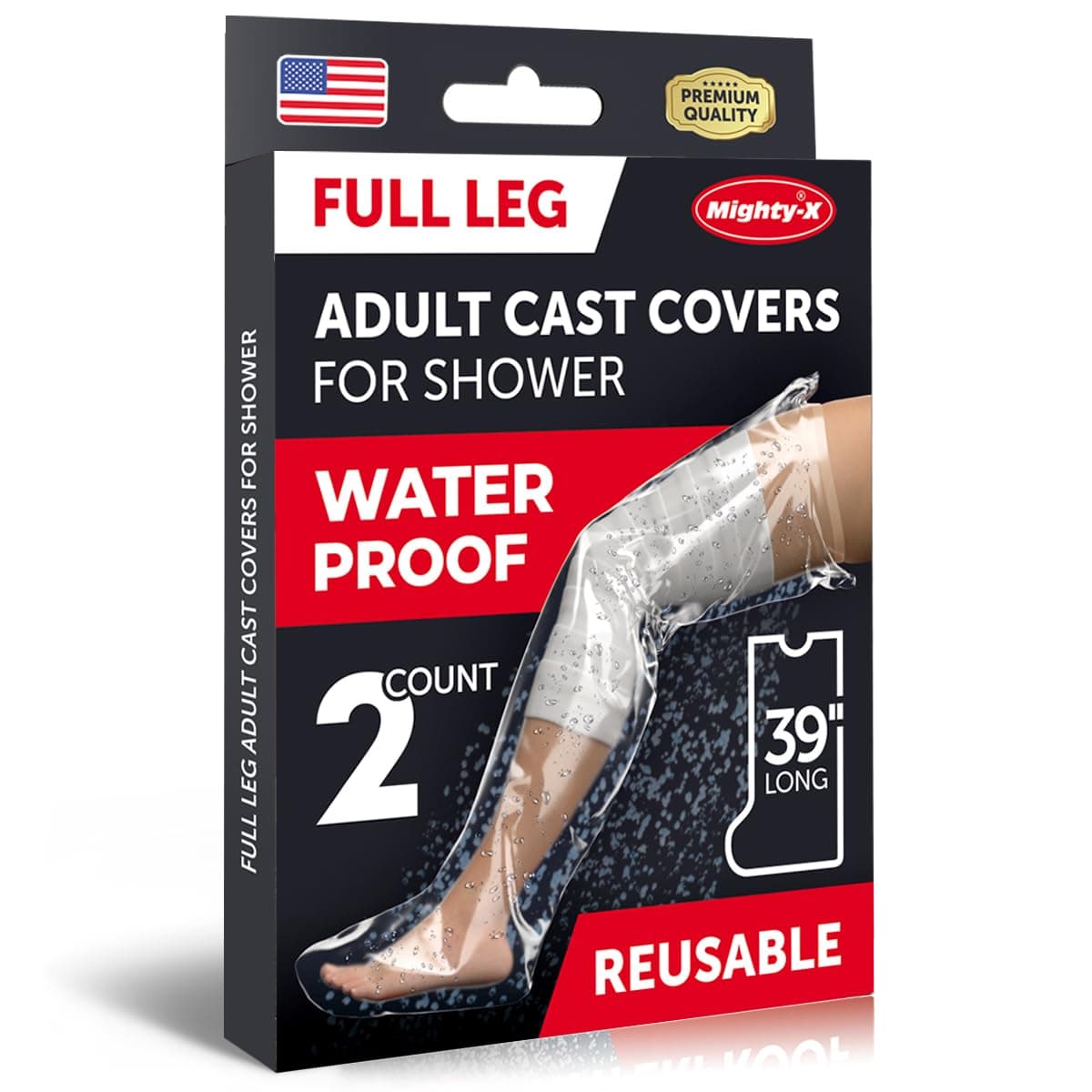 Mighty-X 100% Waterproof Cast Covers for Shower Leg - Tight Seal - 2pk Reusable Adult Full Leg Cast Protectors - Thigh, Knee, Ankle, Foot - Strong and Durable Full Leg - 39"