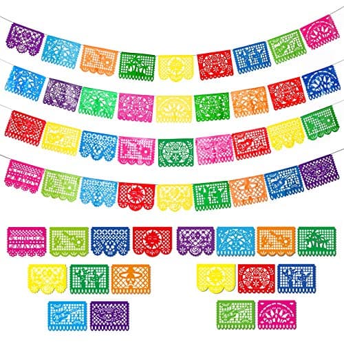4 Packs Mexican Party Banner 60 Feet Fiesta Plastic Papel Picado Banner Cinco de Mayo Dia De Los Muertos Decor Day of the Dead Decorations Mexican Fiesta Themed Party Decorations Supplies