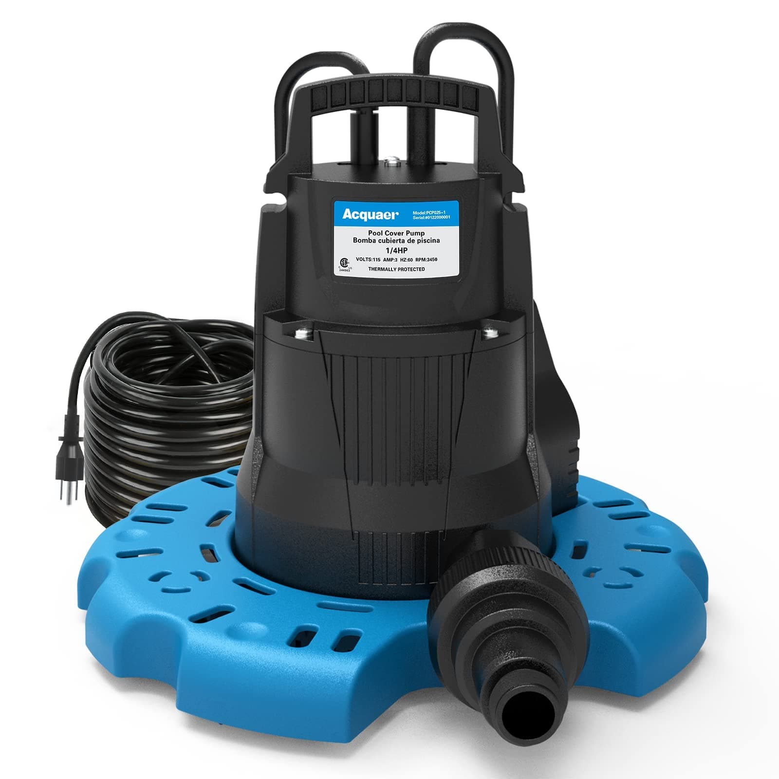 Acquaer 1/4 HP Automatic Swimming Pool Cover Pump, 2250 GPH Submersible Sump Pump with 3/4” Check Valve Adapter & 25ft Power Cord, Water Removal for Pool, Hot Tubs, Rooftops, Water Beds and more 1/4 HP 2250GPH