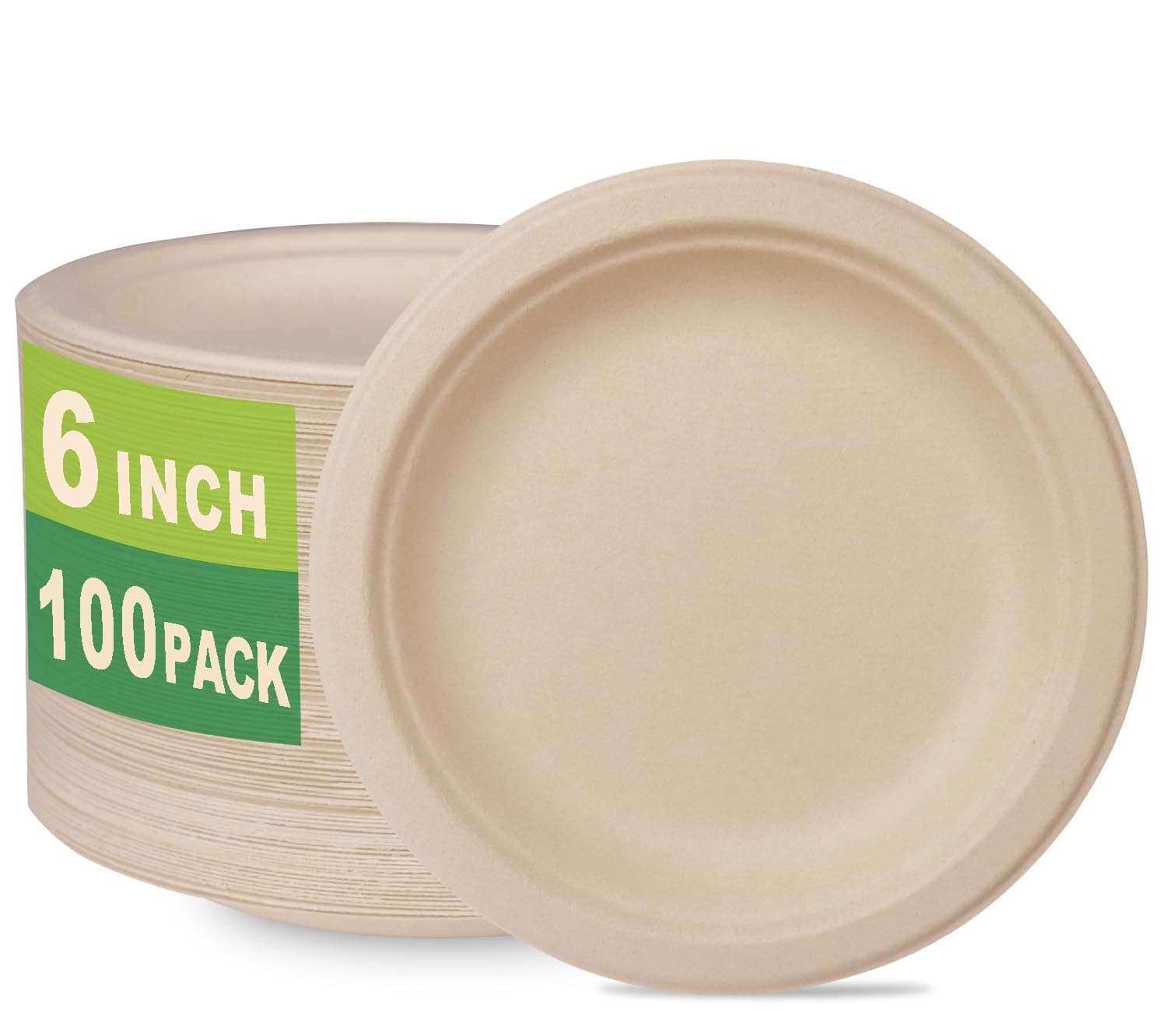 GreenWorks 100 Count 6“ Small Compostable Dessert Plates, Heavy-duty Unbleached Biodegradable Bagasse and Bamboo fiber Paper Plates 6 Inch