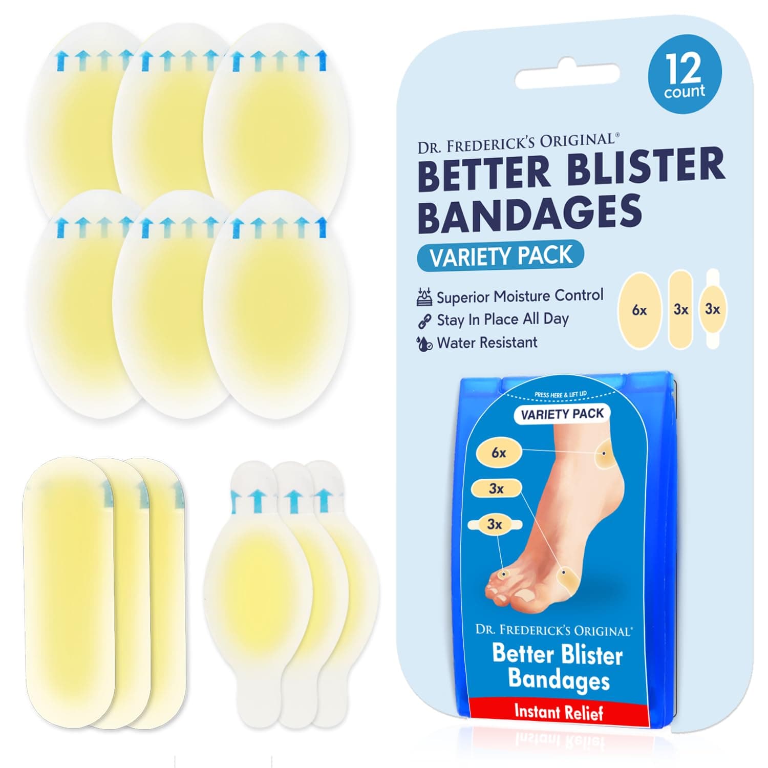 Dr. Frederick's Original Better Blister Bandages - 12ct - Water Resistant - 40% More Cushioning - Hydrocolloid Bandages for Foot, Toe, & Heel - Blister Pads for Prevention & Recovery - Variety Pack Variety Pack - 12 count