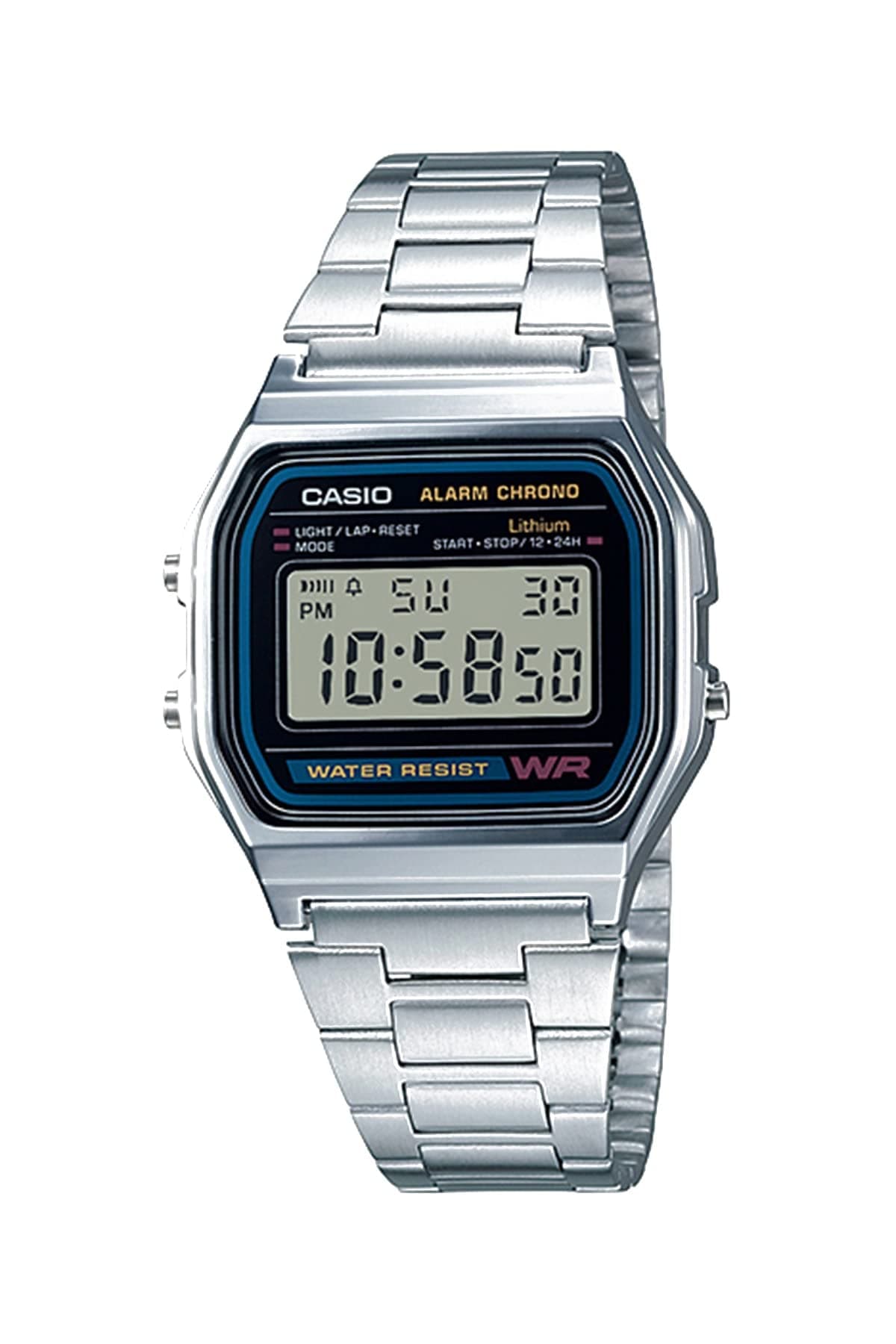 Casio A158WA Series | Unisex Digital Watch | Vintage | WR | 100 SEC Stop Watch | Daily Alarm | Regular Time Keeping: Hour, Minute, Second, PM, Date, Day | Led Light | 7 Yr Battery Silver A158WA-1DF