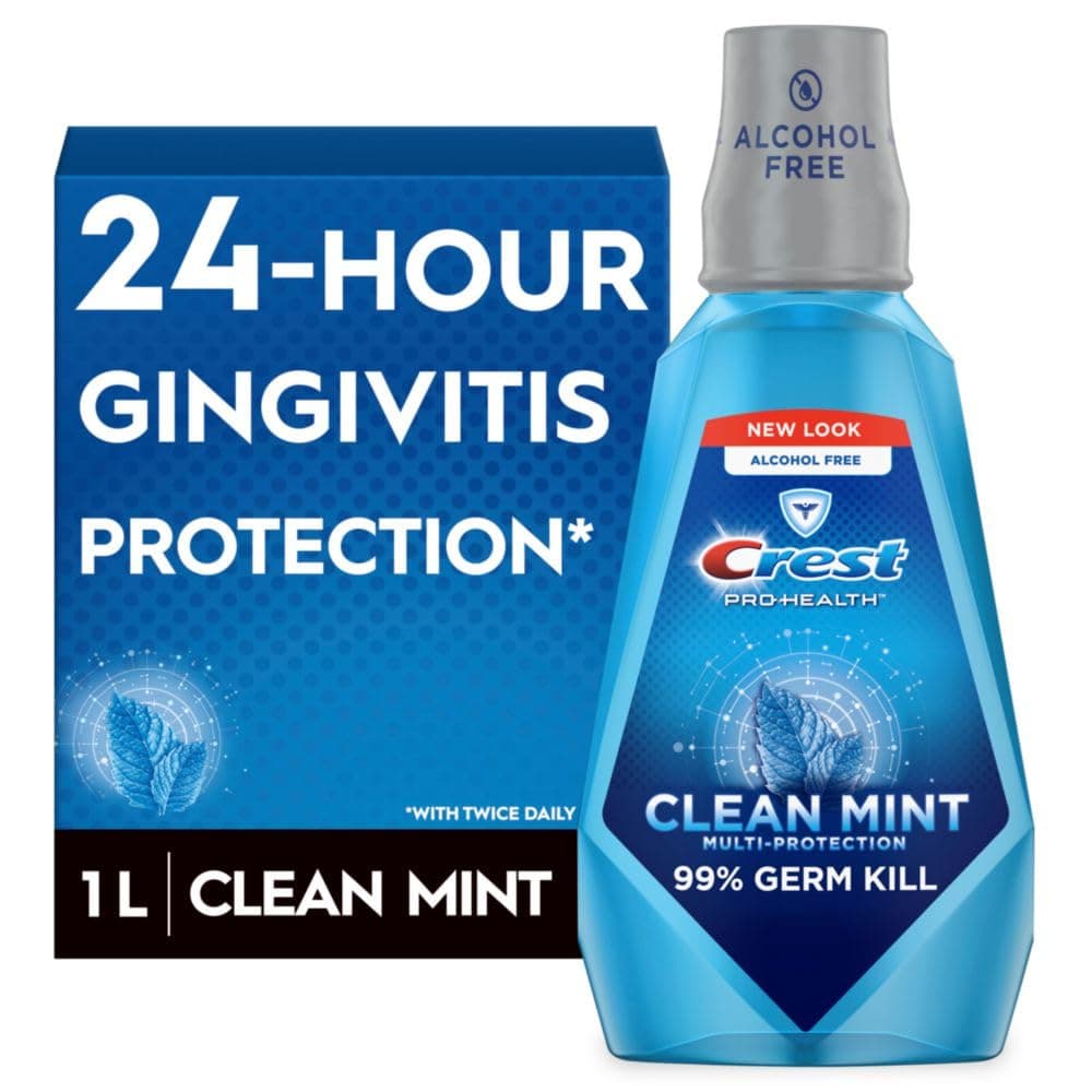 Crest Pro-Health Multi-Protection Mouthwash with CPC, Clean Mint, 1L (33.8 fl oz), Crest Mouthwash, Gingivitis Treatment Clean Mint 33.8 Fl Oz (Pack of 1)
