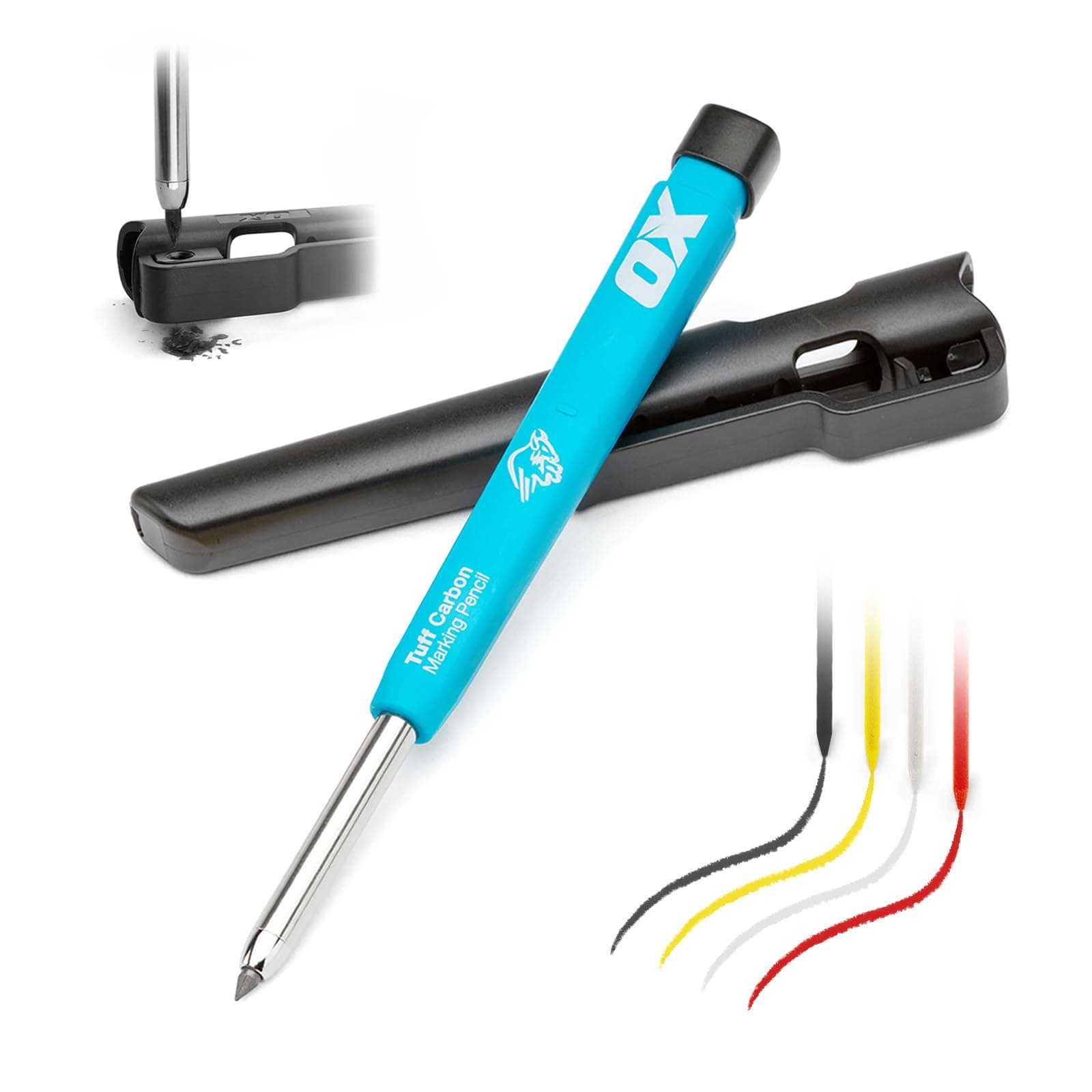 OX Tools Carpenter Pencils Mechanical Set – Heavy Duty Construction Pencil with Belt Clip, Sharpener, Holder & 4 Refillable 2.8mm Leads – Precision Mechanical Carpenter Pencil - Woodworking Pencils OX Carpenter Pencil + 4 Leads