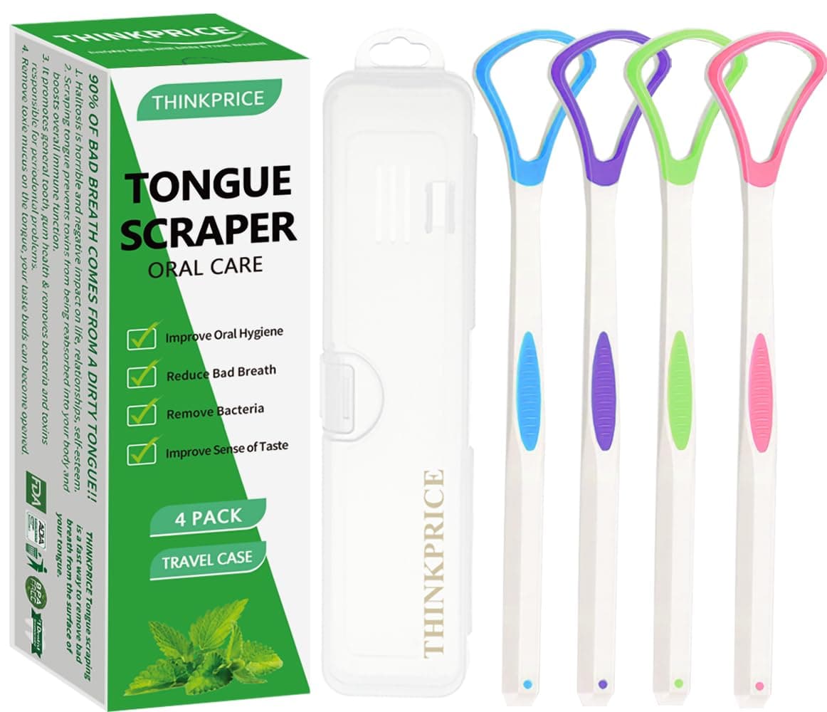 Tongue Scraper Cleaner 100% BPA Free Tongue Scrapers with Travel Handy Case for Adults, Kids, Healthy Oral Care, Easy to Use, Help Fight Bad Breath (4 PACK) 4 Count (Pack of 1) 4Color