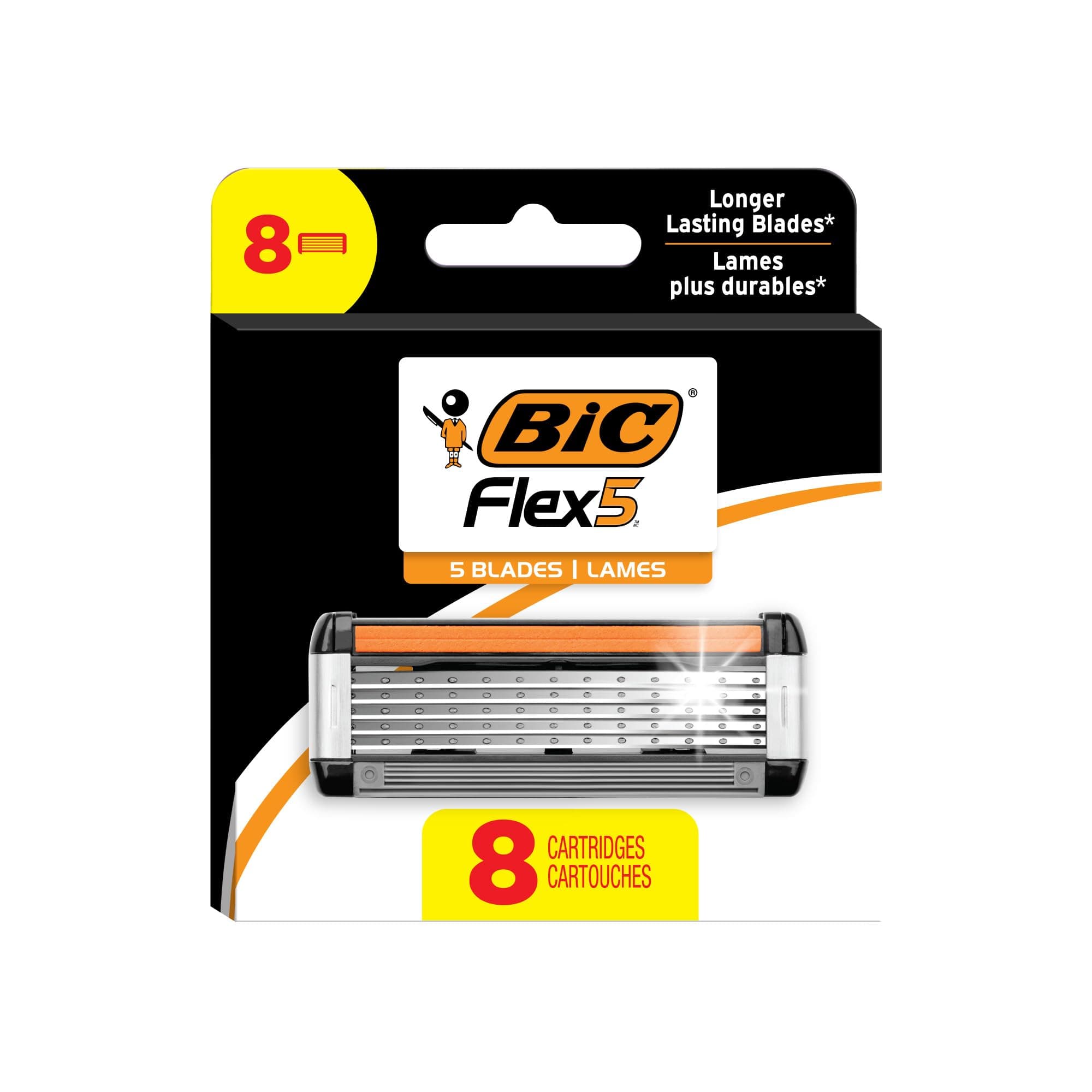 BIC Flex 5 Refillable Refill Razor Cartridges for Men, Long-Lasting 5-Blade Razors for a Smooth and Comfortable Shave, 8 Refill Cartridges Black 8 Count (Pack of 1)
