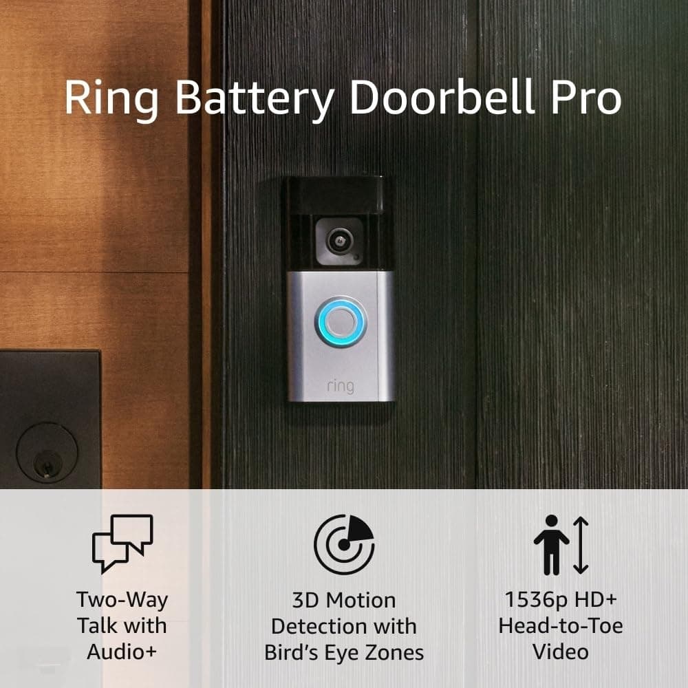Ring Battery Doorbell Pro (newest model), Two-Way Talk with Audio+, 3D Motion Detection, and 1536p HD+ Head-to-Toe Video 1 doorbell Device only