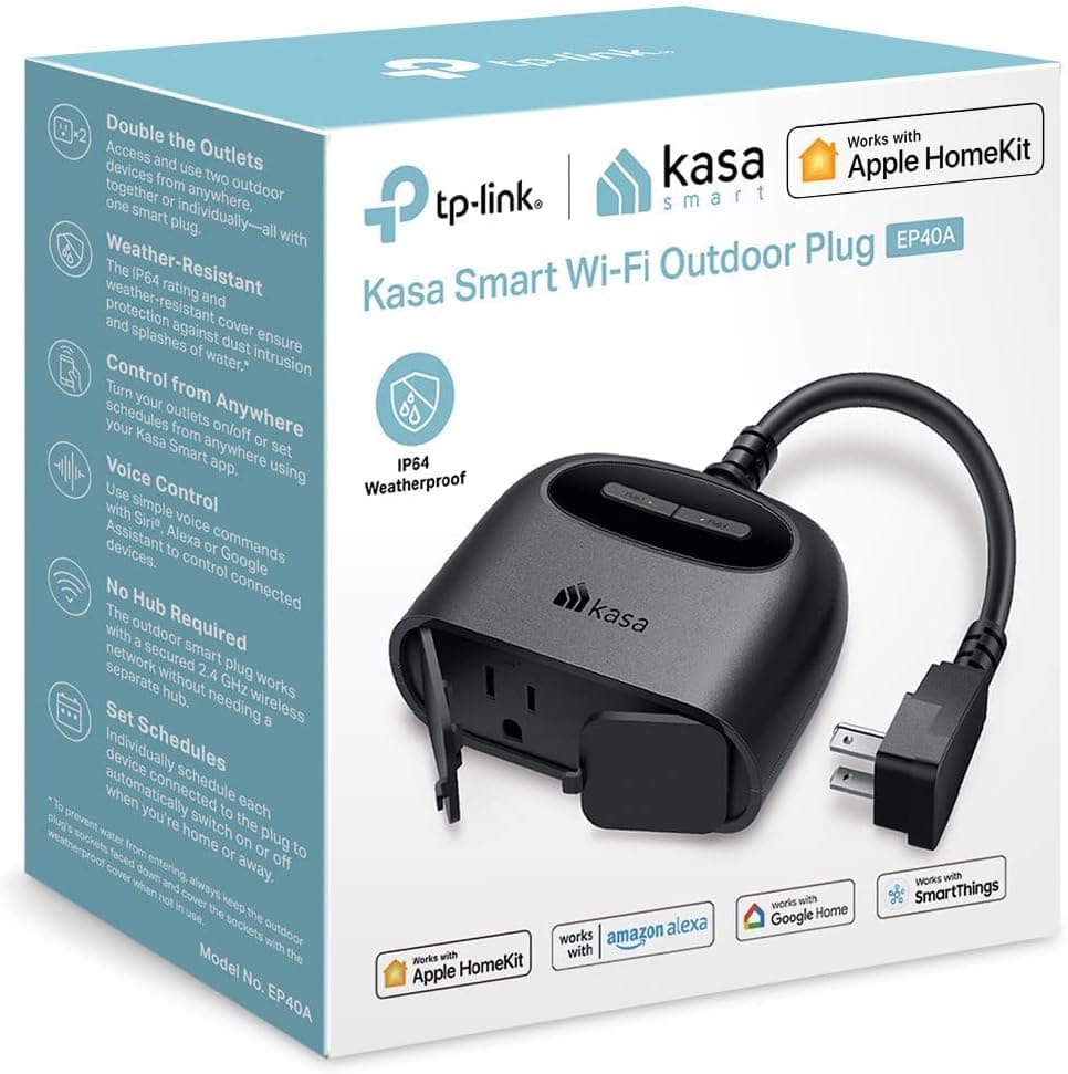 Kasa Apple HomeKit Outdoor Smart Plug, 2 Sockets, IP64 Weather Resistance for Outdoor String Lights, Compatible with Siri, Alexa & Google Home, Long Wi-Fi Range, 2.4G Wi-Fi Only, ETL Certified (EP40A) Apple HomeKit, 2-Socket