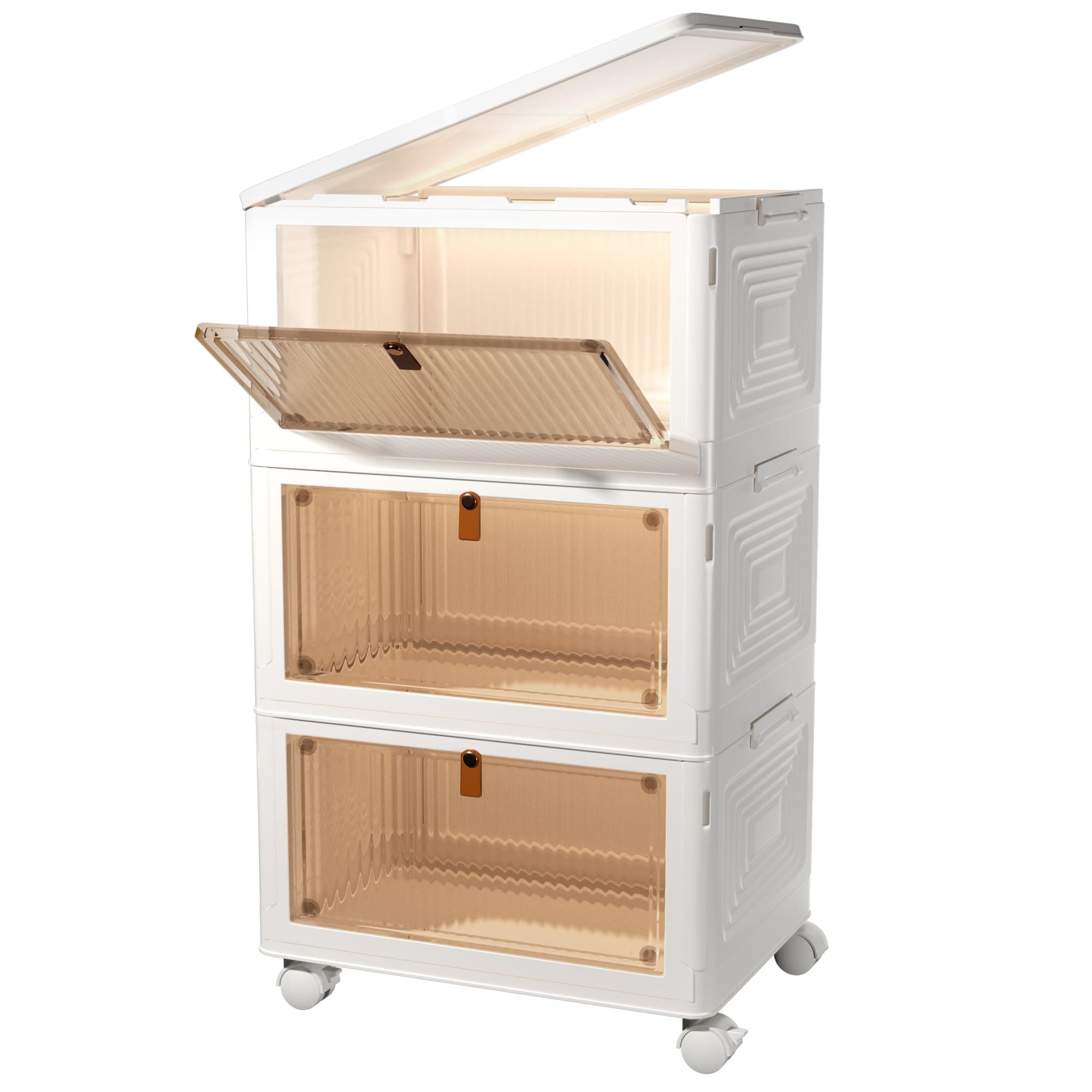 3 Tier Stackable Storage Bins with Lids, 23Qt Plastic Storage Containers with Magnetic Doors & Wheels, Convenient Storage Bins Closet Organizers, Household Organization for Home, Party, Office, Dorm White 23Qt 3-Tier