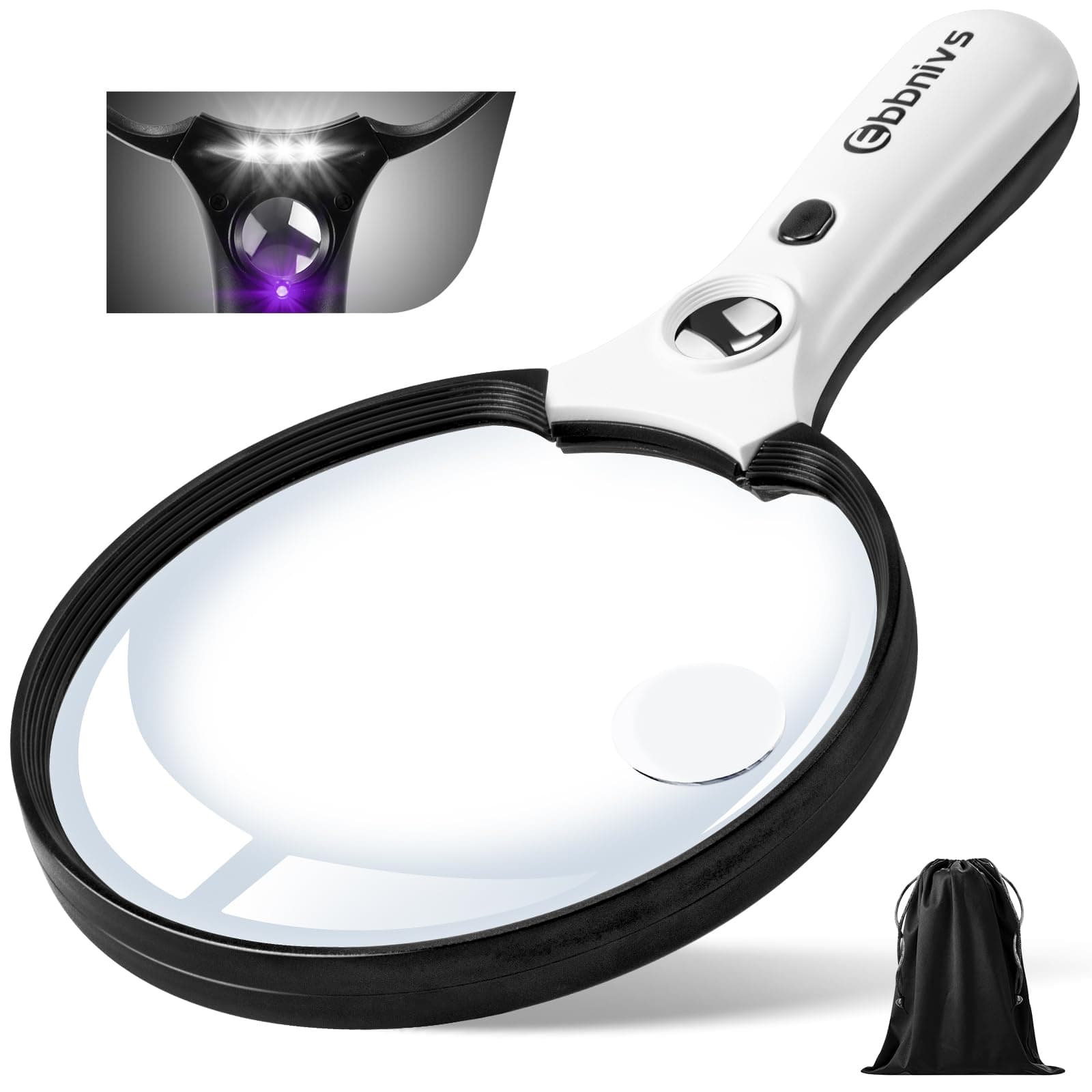 Large Magnifying Glass with Light, Magnifier 10X 20X 45X Handheld Illuminated Lighted Magnifier with 3 LED Lights 1UV Light Storage Bag Clean Cloth for Seniors Reading Inspection Black