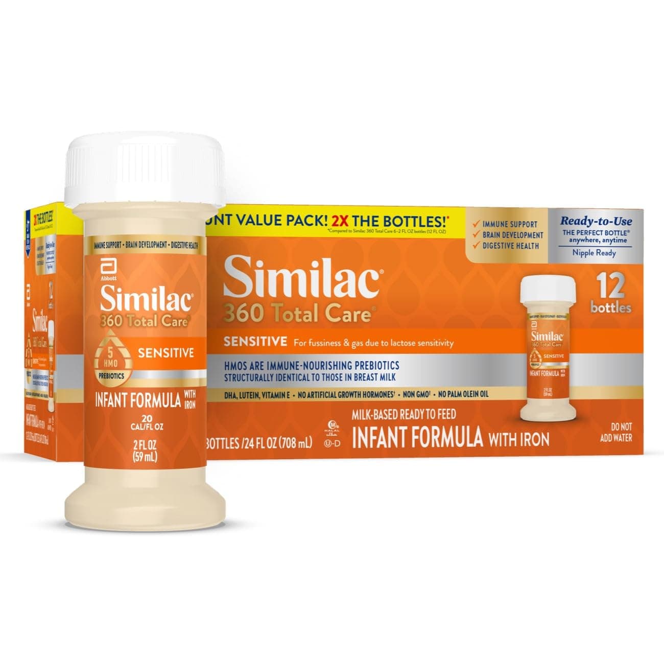 Similac 360 Total Care Sensitive Infant Formula for Fussiness & Gas Due to Lactose Sensitivity, Has 5 HMO Prebiotics, Baby Formula, Ready to Feed, 2-fl-oz Bottle, Pack of 12 2oz btl (12 Count)