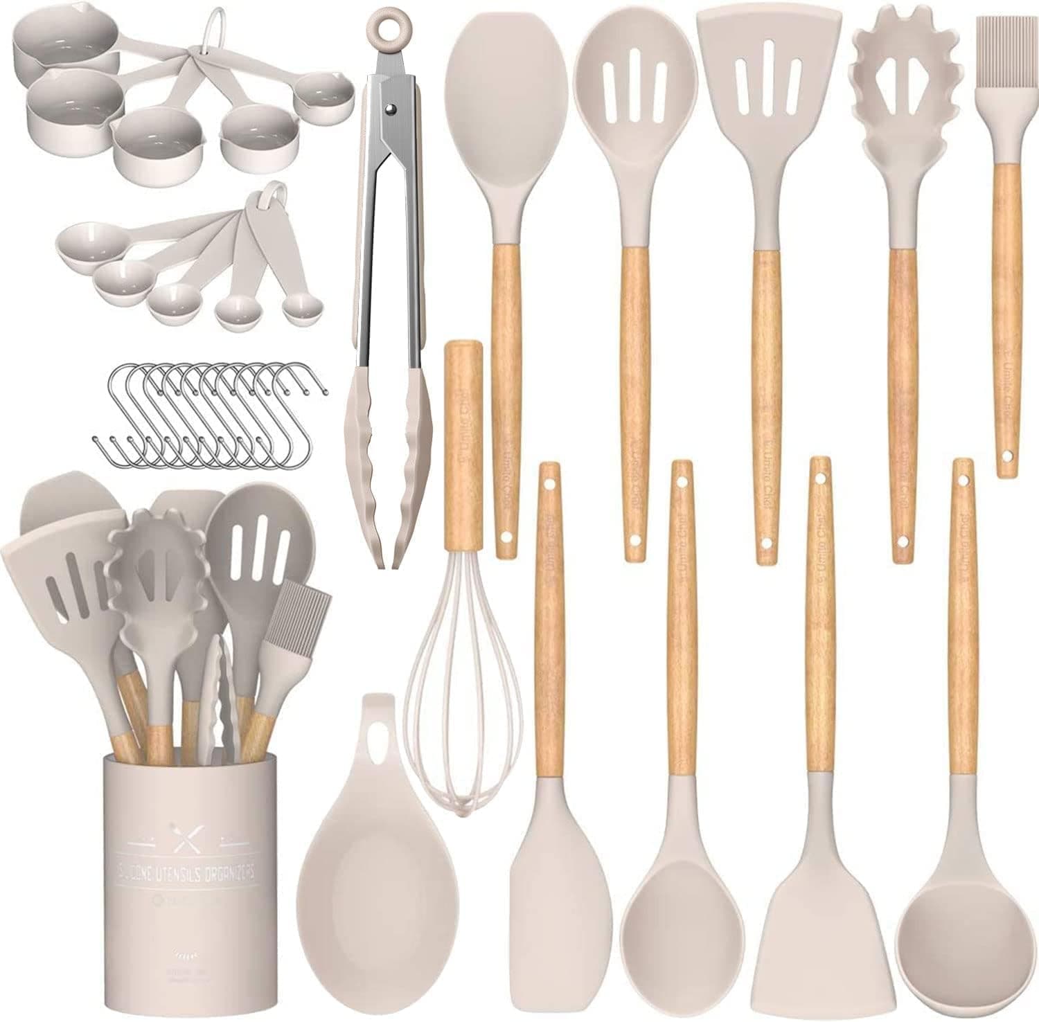 Umite Chef Umite Chef Kitchen Cooking Utensils Set, 33 pcs Non-Stick Silicone Cooking Kitchen Utensils Spatula Set with Holder, Wooden Handle Silicone Kitchen Gadgets Utensil Set (Khaki)