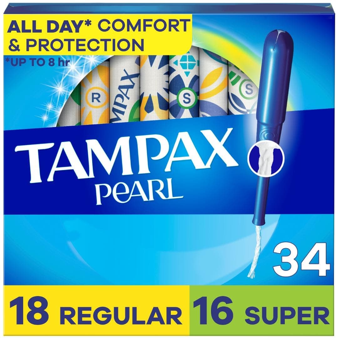 Tampax Pearl Tampons for Women Multipack, with LeakGuard Braid, Regular/Super Absorbency, Unscented, 34 Count