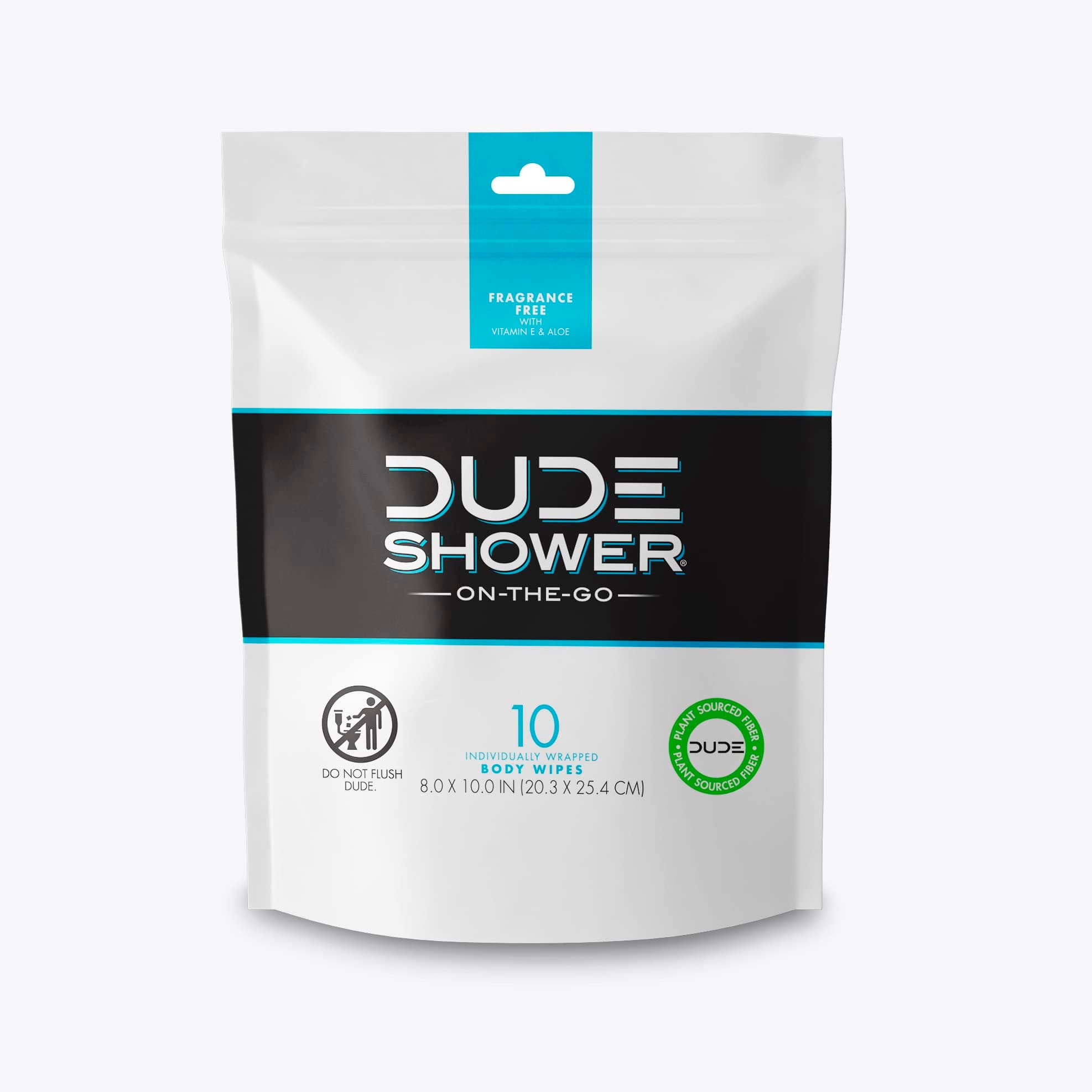 DUDE Wipes On-The-Go Shower Wipes - 1 Pack, 10 Count- Unscented & Extra-Large Individually Wrapped Full Body Shower Replacement with Vitamin E & Aloe
