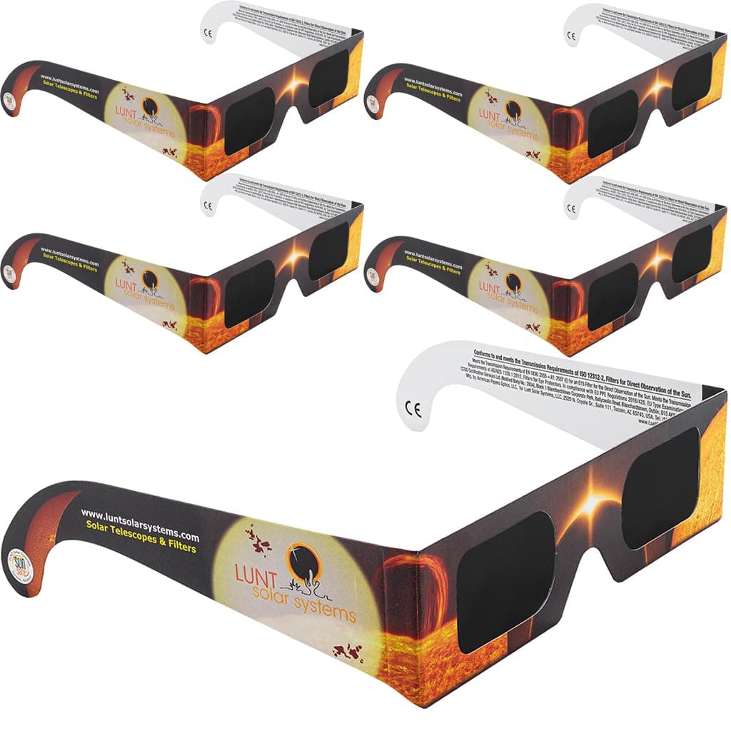 Lunt Solar Eclipse Glasses 5-Pack - ISO & CE Certified, AAS Approved for 2026 Eclipse in Spain & EU (UK, Germany, France) 5-Pack Regular