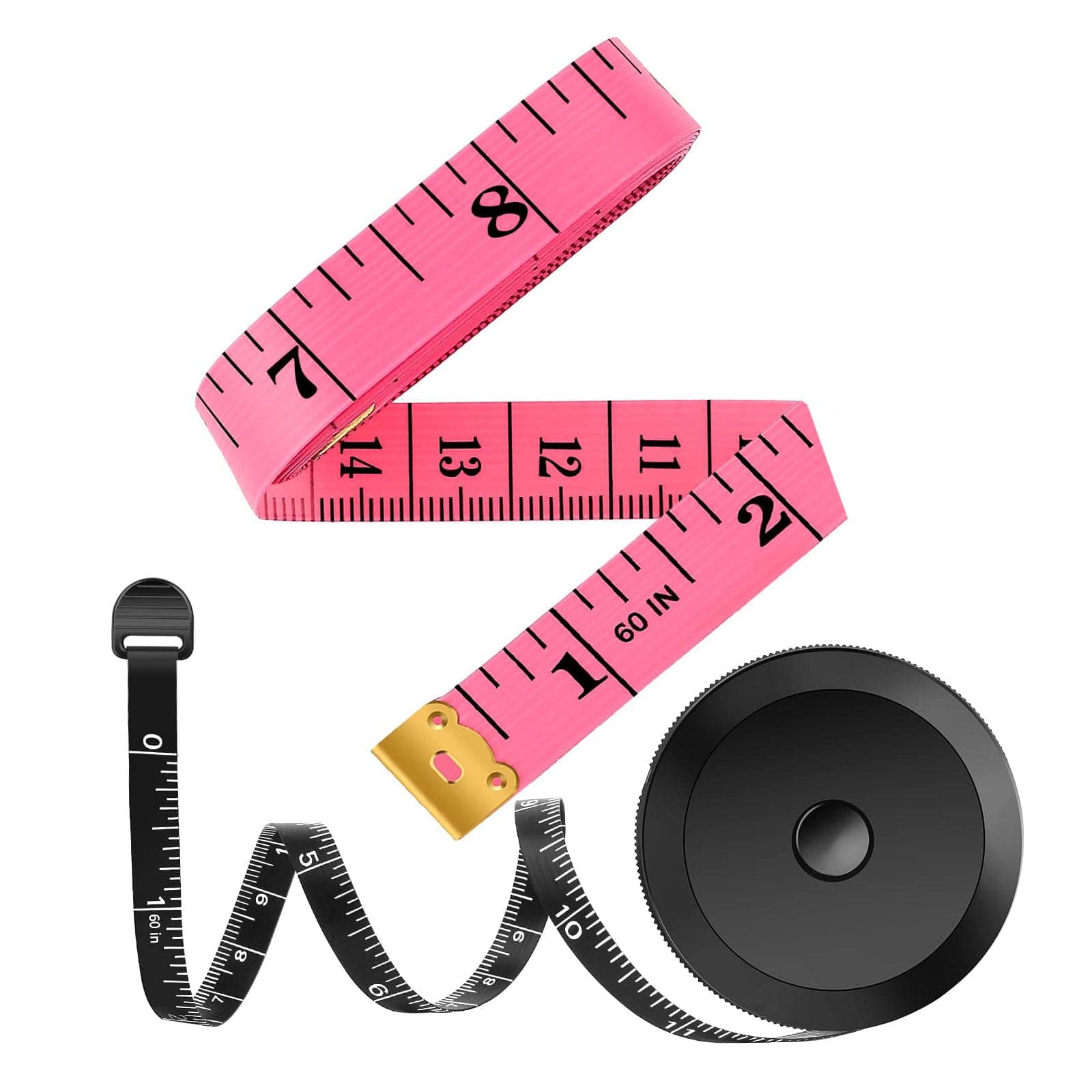 iBayam 2 Pack Tape Measure Measuring Tape for Body Fabric Sewing Tailor Cloth Knitting Vinyl Home Craft Measurements, 60-Inch Soft Fashion Pink & Retractable Black Double Scales Rulers for Body Weight Pink & Black