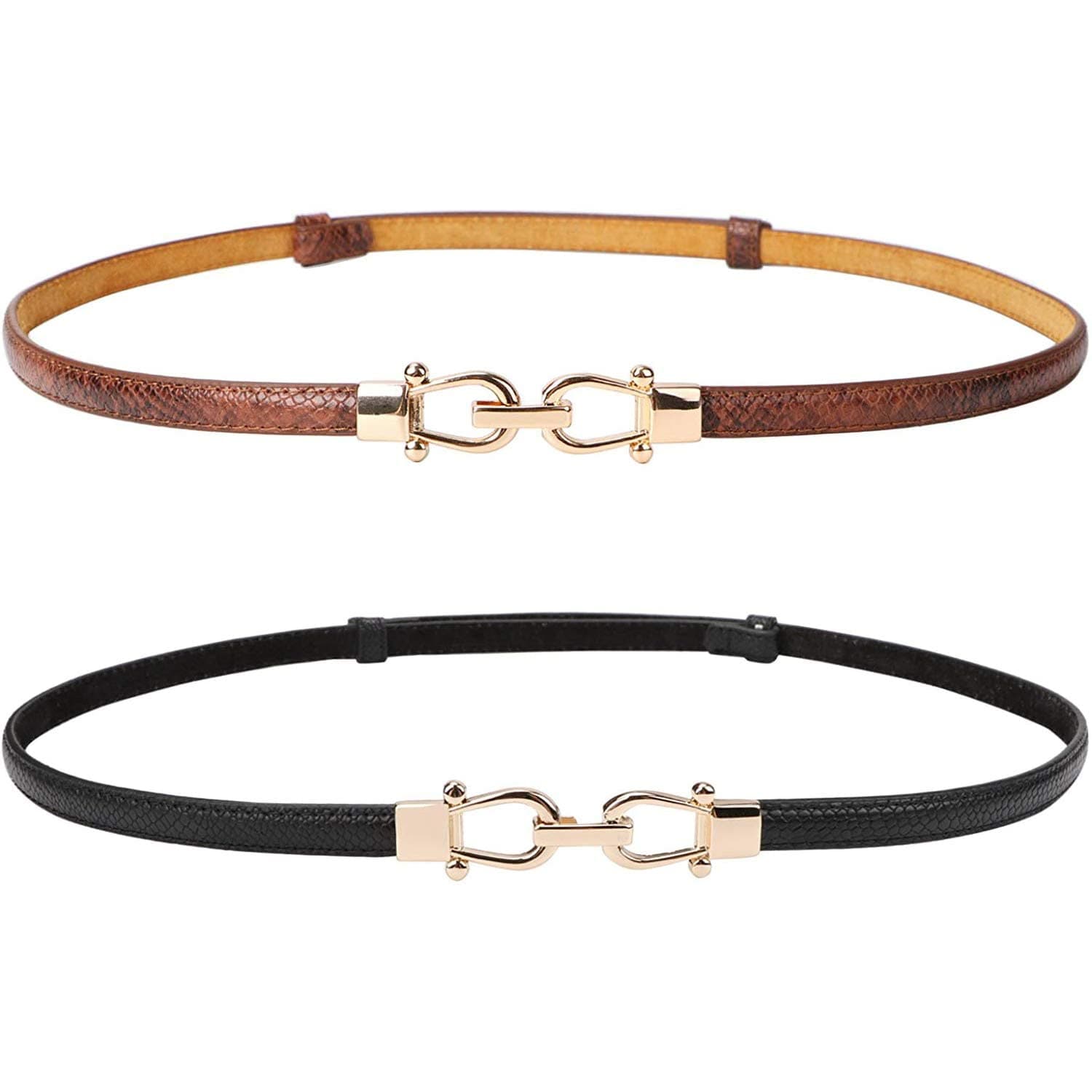JASGOOD Leather Skinny Women Belt Ladies Thin Waist Belts Plus Size Adjustable for Jeans Pants Dresses with Metal Buckle 01a-black+brown Waist size below 37"