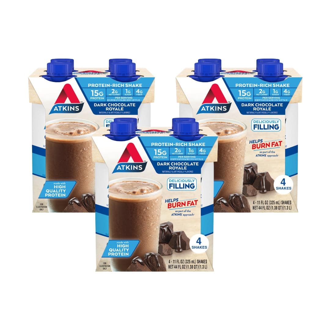 Atkins Dark Chocolate Royale Protein Shake, High Protein Shakes, Low Glycemic, Low Carb and Low Sugar Chocolate Flavored Protein Shakes, Keto Friendly, 12 Count