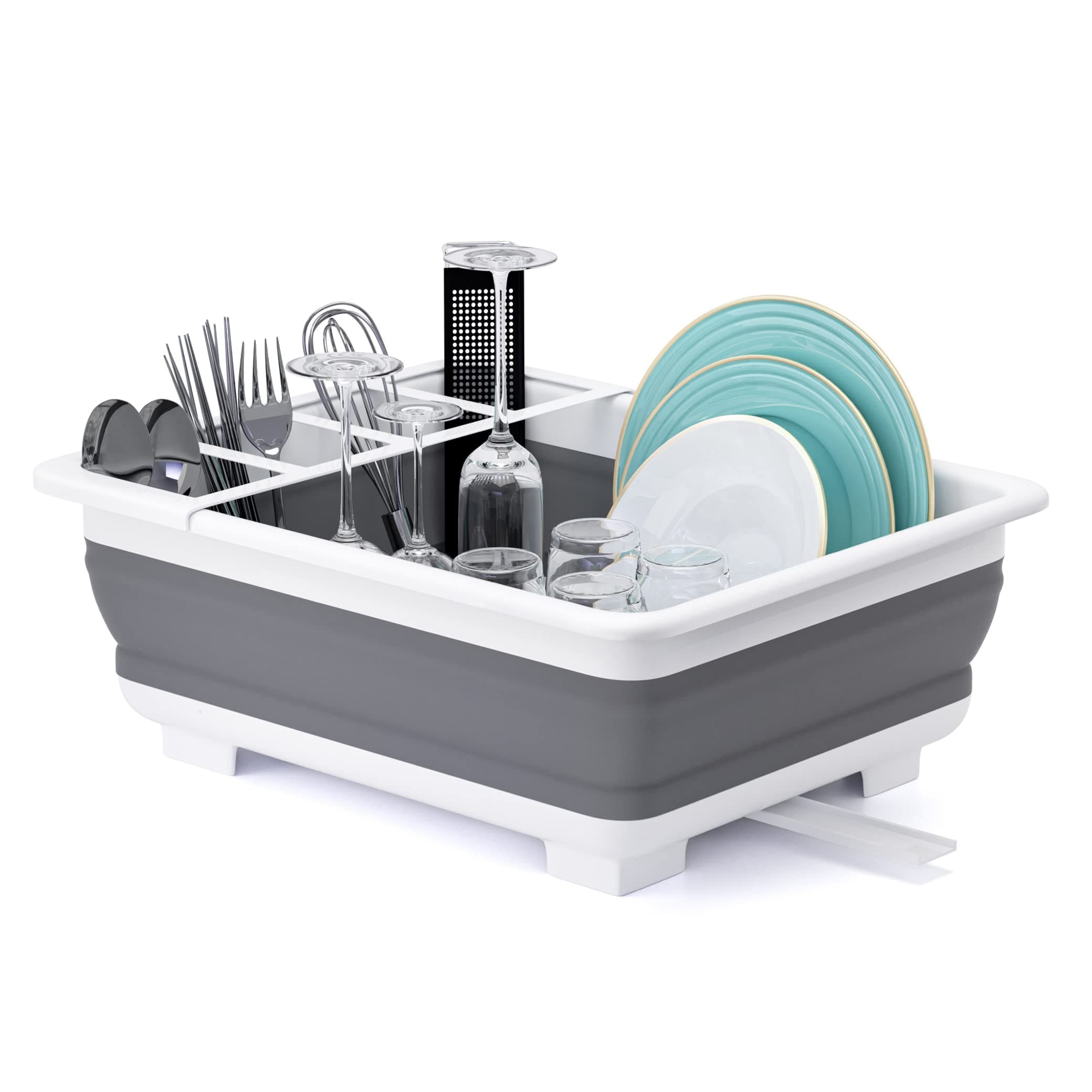 THANSTAR Collapsible Dish Drying Rack Portable Dinnerware Drainer Organizer for Kitchen RV Campers Travel Trailer Space Saving Kitchen Storage Tray Gray/White